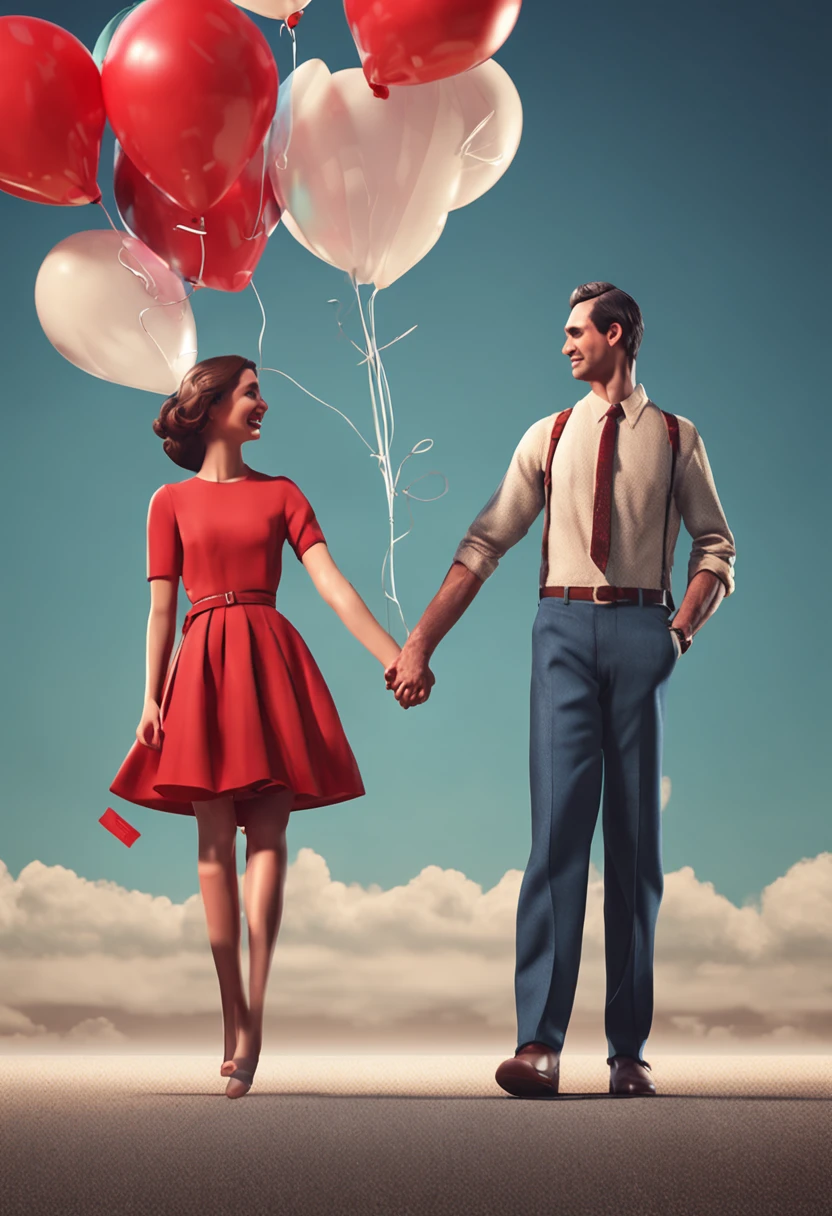 Style couple holding hands,balloons，red string， Office worker clothing，Ordinary looking,  Incredibly high detail, Pixar style, Bright colors, Natural light, Simple background in solid color, 5 and octane rendering, Popular on artstation, Gorgeous, ultra-wide-angle, 8K, HD realistic, 8K HD is realistic