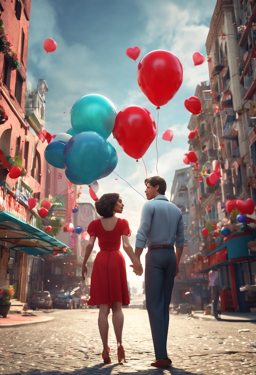 Style couple holding hands,balloons,red string, Office worker clothing,Ordinary looking, Incredibly high detail, Pixar style, Bright colors, Natural light, Simple background in solid color, 5 and octane rendering, Popular on artstation, Gorgeous, ultra-wide-angle, 8K, HD realistic, 8K HD is realistic