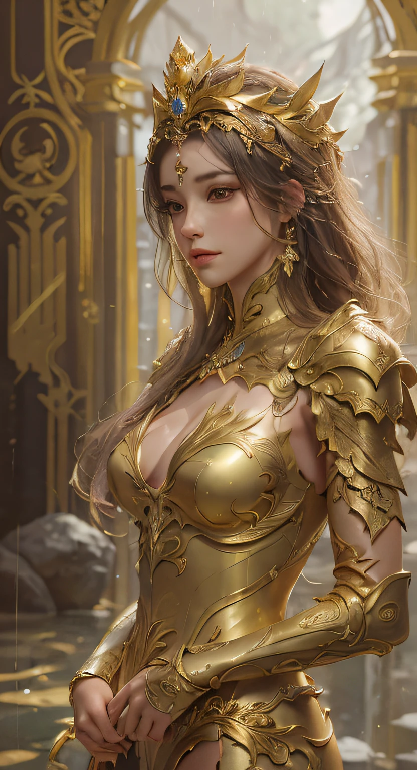 Woman in a golden dress, True Art Station, Rainstorm site, detailed fantasy art, Stunning character art, Beautiful and exquisite character art, Beautiful golden armor, Extremely detailed, Girl in shiny armor, Exquisite tiaras and jewelry, Full body capture,