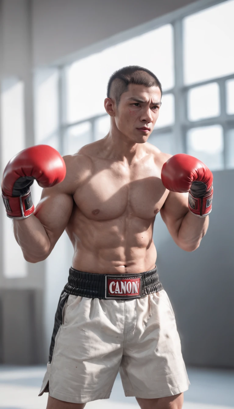 fighting game character, realistic sketch, concept art, human, bright color, boxing champion, red boxing gloves, white and red stripes trunks, shirtless, sweaty, American man, muscular!!!, (bara), hunk, burly, short crew cut hair, black hair, facial hair, on plain white canvas, rough, thin lines, 4k, splash art, sharp focus, volumetric lighting