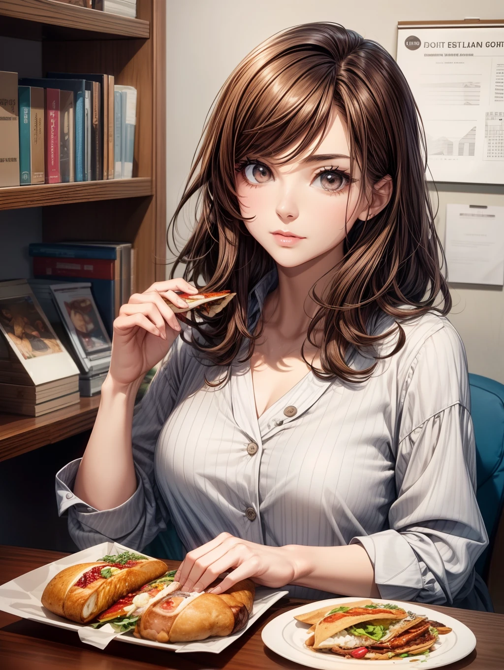 Best Quality, masutepiece, beautiful mature women、Beautiful face、Strong-minded woman、Office Suits、brown haired、Brown-eyed、Medium Hair、40 years、adult lady、s Office、Eat panini