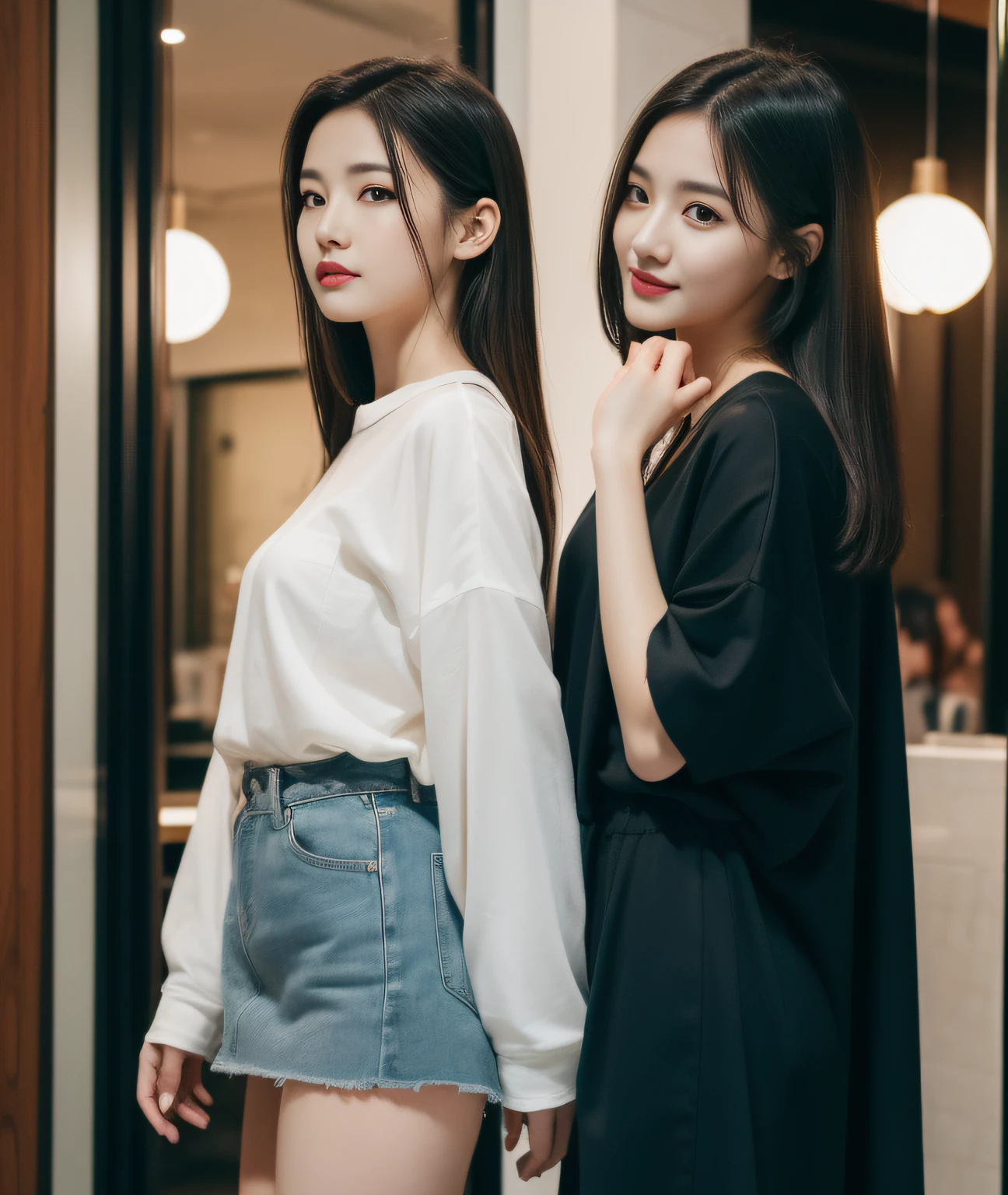 ((Best Quality, 8K, Masterpiece: 1.3)), a beauti, In addition, melon face, Friendly and cute, sweet smile, Pure desire, Slender body, (s whole body), (tilted head), ((looking at camera)), Medium Black Silky Straight Hair, Long flowing shoulders, round black big eyes, clear big eyes, moist red lips, Cafe shop background, ((full body shooting)), ( Oversized casual shirt, miniskirt ), (full body shots)