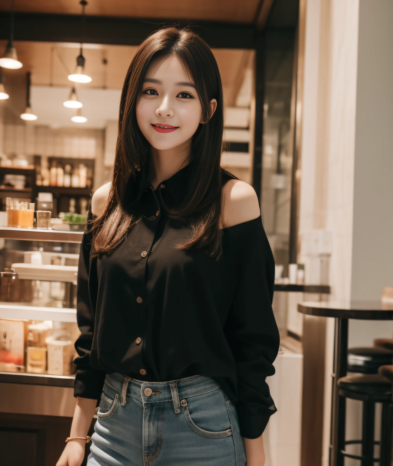 ((Best Quality, 8K, Masterpiece: 1.3)), a beauti, In addition, melon face, Friendly and cute, sweet smile, Pure desire, Slender body, (s whole body), (tilted head), ((looking at camera)), Medium Black Silky Straight Hair, Long flowing shoulders, round black big eyes, clear big eyes, moist red lips, Cafe shop background, ((full body shooting)), ( Oversized casual shirt, miniskirt ), (full body shots)