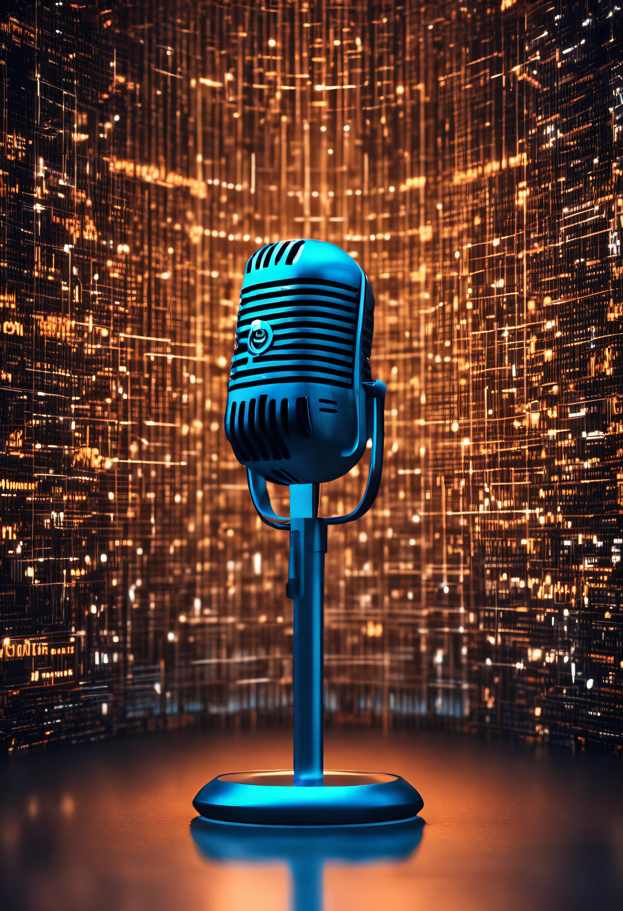 Microphone in front of artificial intelligence code wall, blue and black futuristic CGI