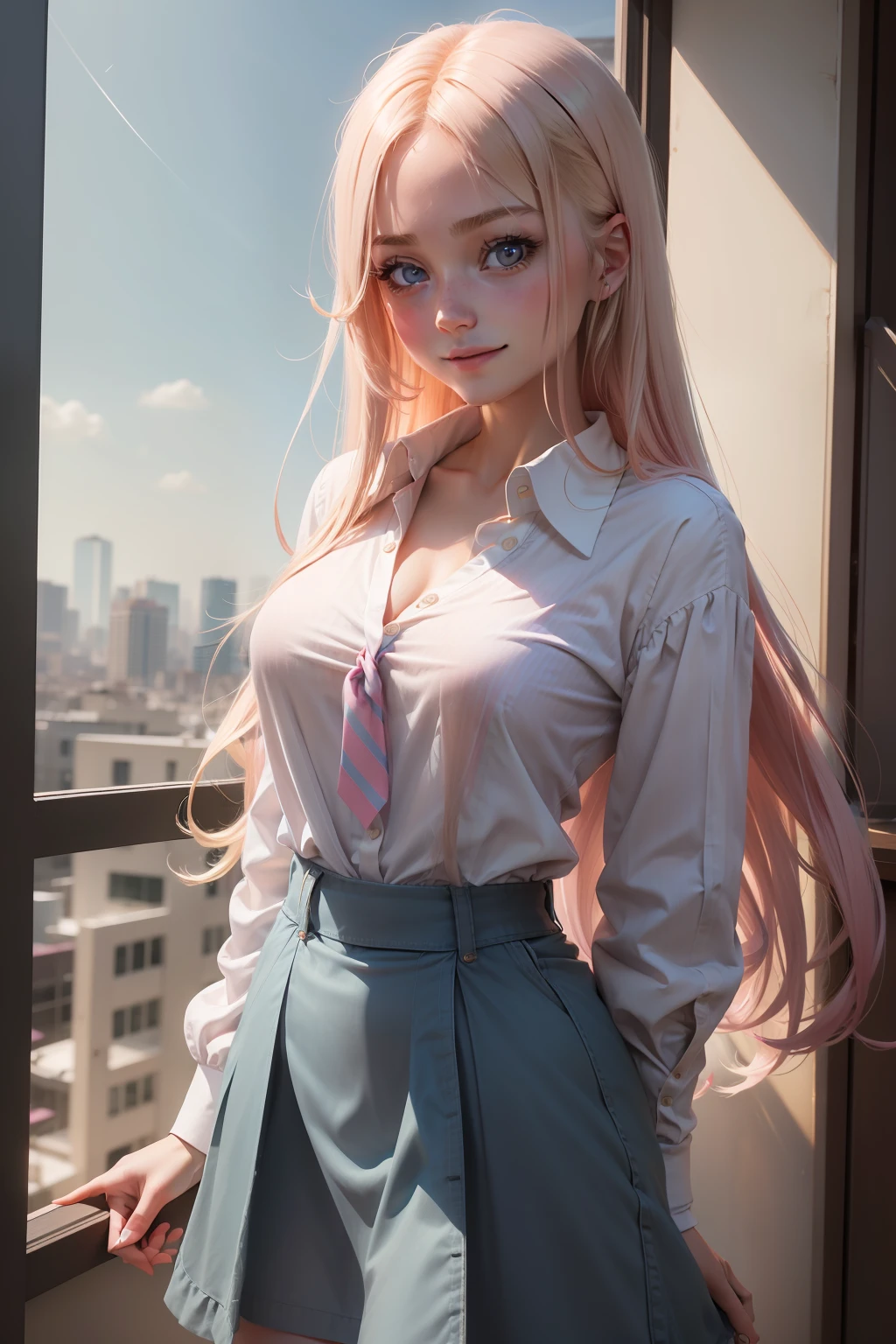 blonde girl, student, 18 years old, light eyes, big eyes,
rosy skin,
long hair,
hair with pink tips,
blue color skirt with stripes, pink eyes,
firm breasts, straight hair,
smiling, seductive look, less cheek,
thin face,
shirt with a knot at the waist,
wearing a shirt with two open buttons,
with tie,
zoom head and chest,
zoom in center