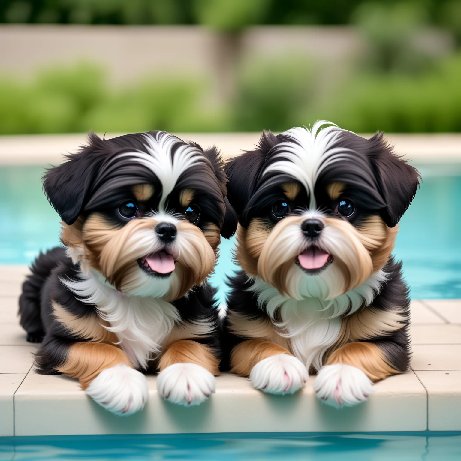 hyper Quality,Cute two Shih Tzu puppies,different body colors,swimming in the pool,smile,black eyes,barking,narrow eyes,smile,eos r3 28mm