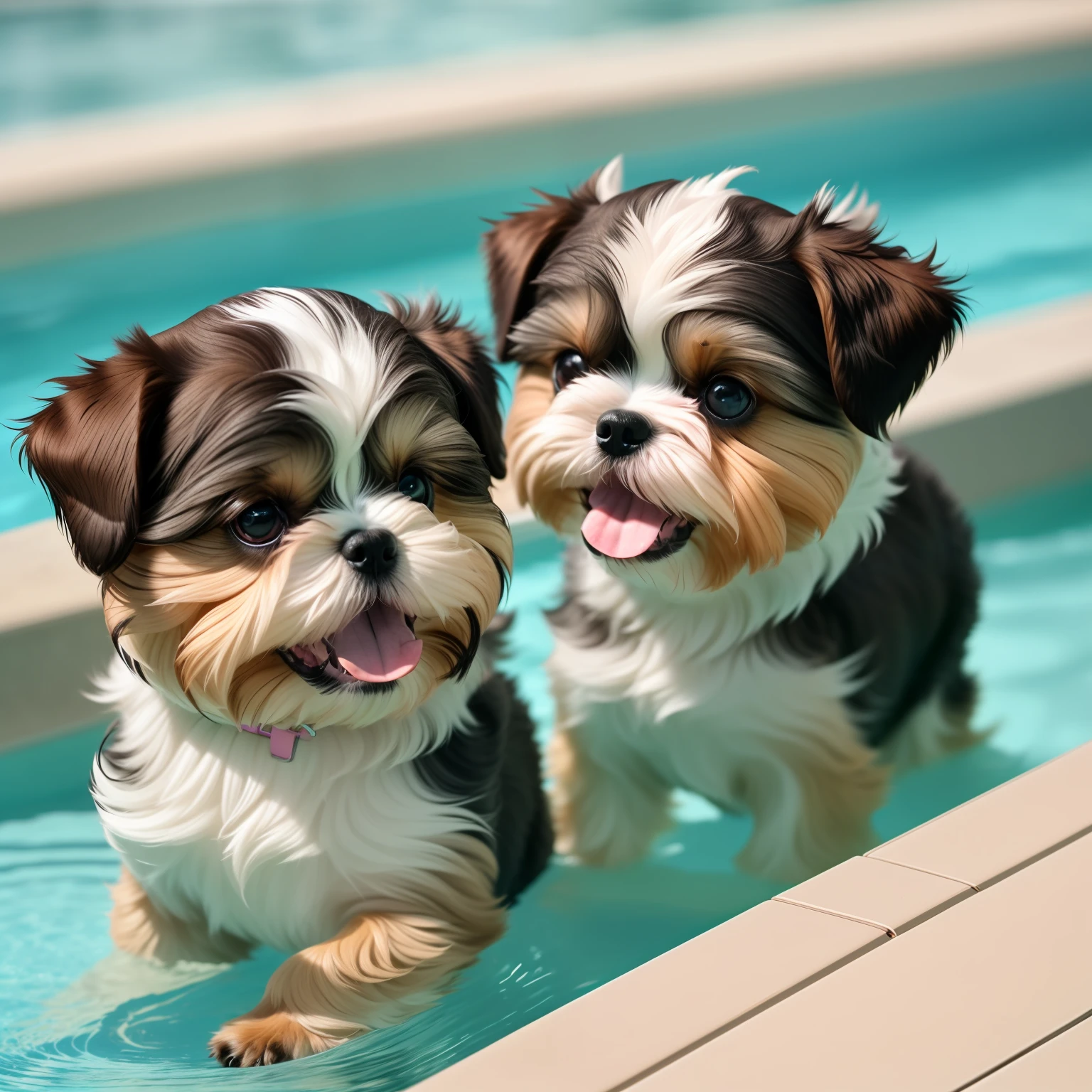 hyper Quality,Cute two Shih Tzu puppies,different body colors,swimming in the pool,smile,black eyes,barking,narrow eyes,smile,eos r3 28mm