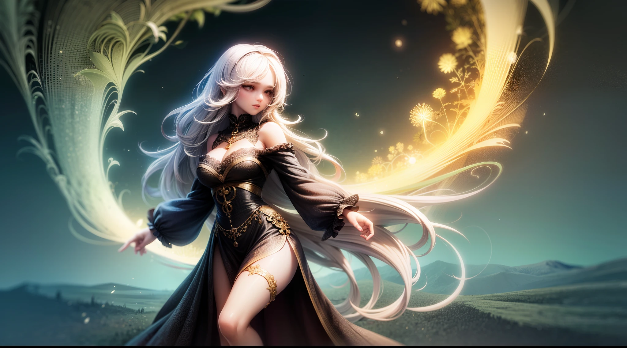 village field peasant woman, 24-year-old female, (face detail), magic lights, magic necklace, dress, neckline, (lacy), [[((forest)):((field)):0.25]:((village)):0.6], train on background, magic technologies, futurism, fantasy, magic, silk, 1girl, masterpiece, best quality, decollete, natural breasts, slim body, zettai ryouiki, medium length hair, (beautiful detailed bright eyes), portrait, (full body), (beautiful and aesthetic:1.2, fractal art:1.4), most realistic, hyper-realistic, RAW, highest quality, best quality, Detailed, Realistic, 4k highly detailed digital art, octane render, bioluminescent, (cool_color), best pixels, 8k ultra, extremely detailed CG unity 8k wallpaper, cinematic lighting