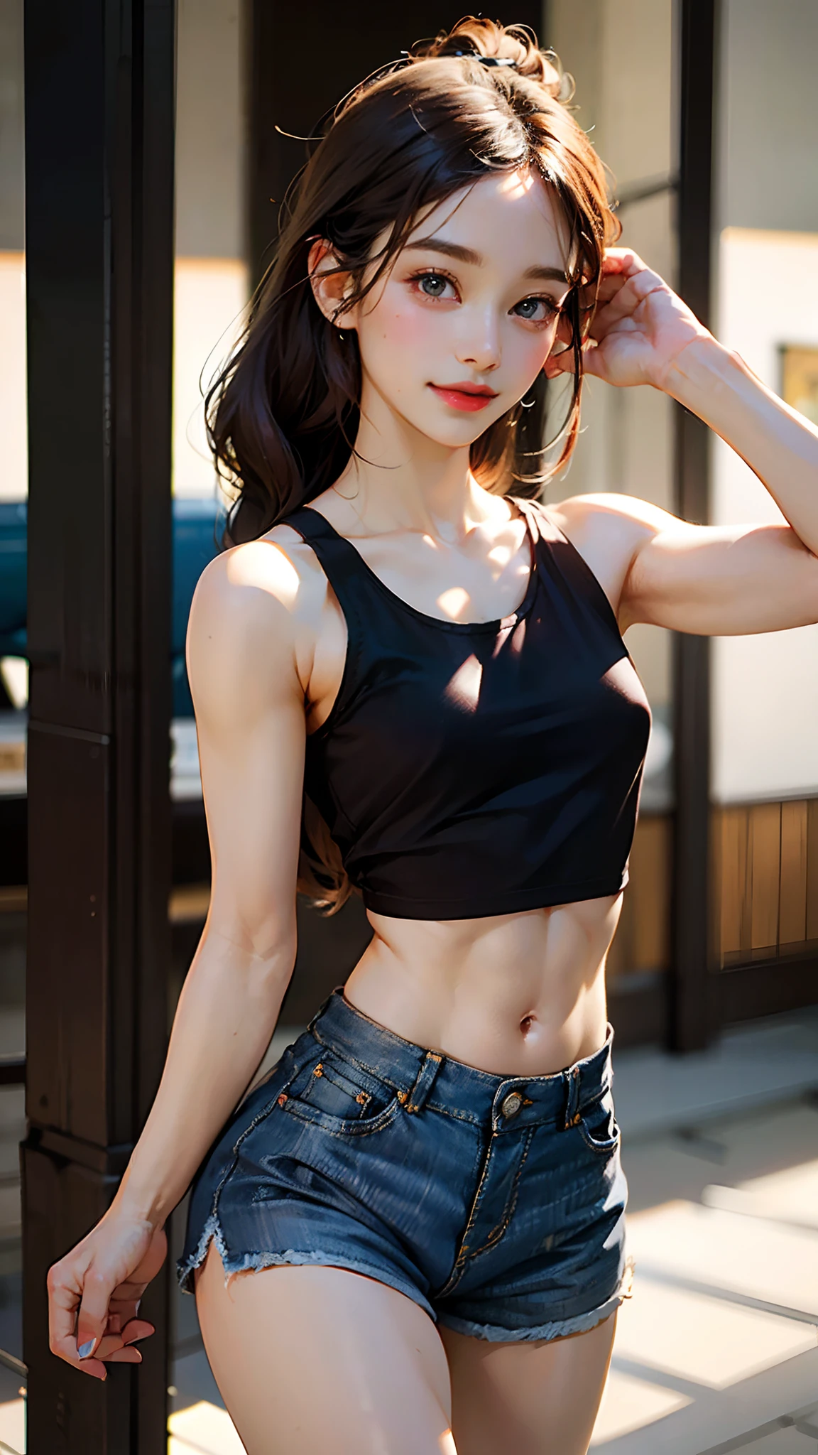 (Excellent photo of a beautiful Japanese Lady),
((highly detailed, best quality)),(photorealistic:1.2),8k,(high resolution),(depth of field:1.2),(character focus),perfect anatomy,(professional lighting),
(1girl),(26yo),(arm up),
looking at viewer,(walking),
((beautiful detailed eyes)),(narrow face:1.2),thick eyebrows,(falling eyebrows),(tareme:1.2),(blue eyeshadow),big eyes,(brown eyes:1.3),
(smiling),blush,(super detailed skin),
(parted lips:1.1),(plump lips:1.2),(glossy lips),(lipstick)
braid,(black medium hair),(pulled back hair),((wide forehead)),
(ideal ratio body proportions:1.5),(tall body:1.25),(attractive thighs),(attractive waist circumference),
(flat chest:1.3), (nipples visible through clothes),(muscular:1.35)
(denim shorts:1.4),(tank top:1.2),(tube top:1.35),public hair,crotch bulge:1.3),
street,