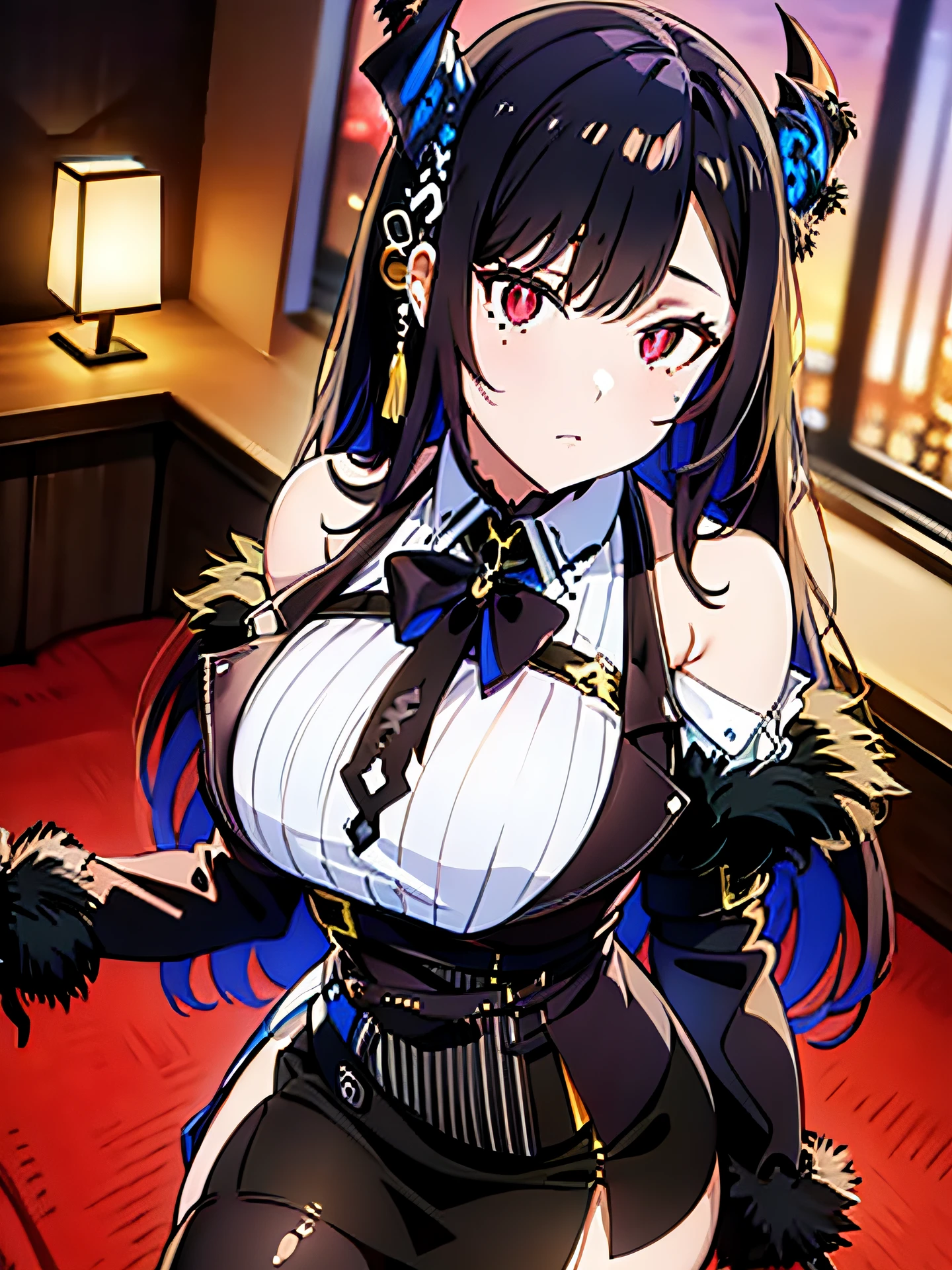 (nerissa ravencroft), (1girl, solo:1.3), standing, cowboy shot (asymmetrical horns), horns, demon horns, red eyes, slit pupils, [mole under eye], black hair, blue hair, two-tone hair, long hair, hair ornament, large breasts, skindentation, thick thighs, looking at viewer, black ribbon, bare shoulders, fur-trimmed sleeves, fur trim, collared shirt, (white shirt), gloves, (vertical striped shirt), (miniskirt, black skirt:1.3), belt, multiple belts, (asymmetrical legwear:1.25), (thigh boots), (single), thighhigh, black thighhighs, (single leg pantyhose:1.2), indoors, sunset