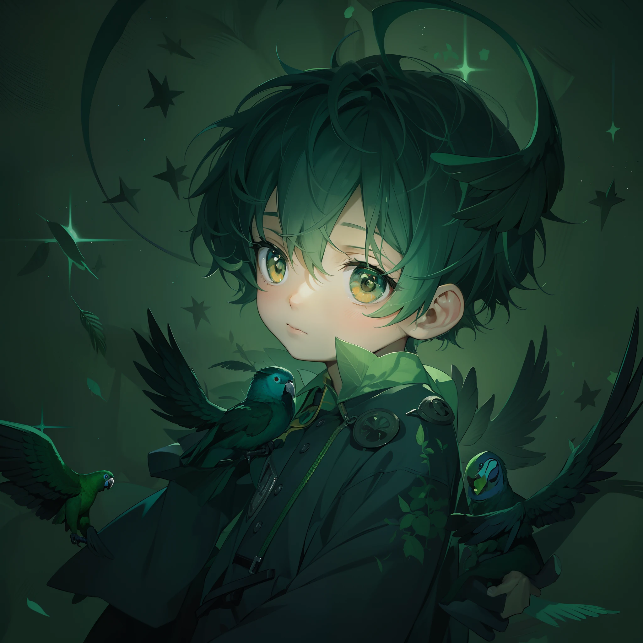 A young boy with,Anime little boy in a green forest,adolable,natta,Meticulous hand portrayal,Meticulous facial portrayal,A dark green parrot