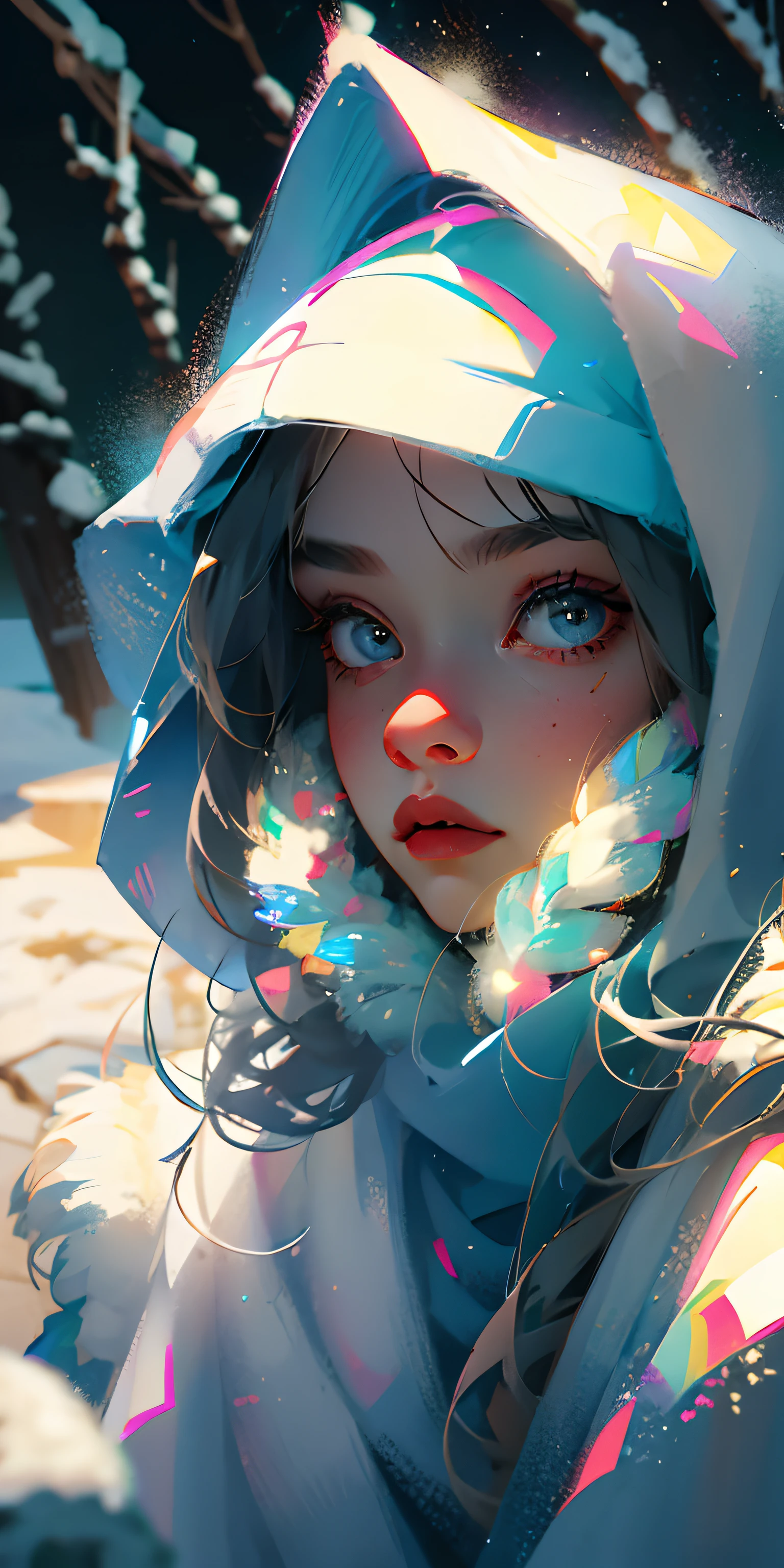 Snow with the girl , white hood