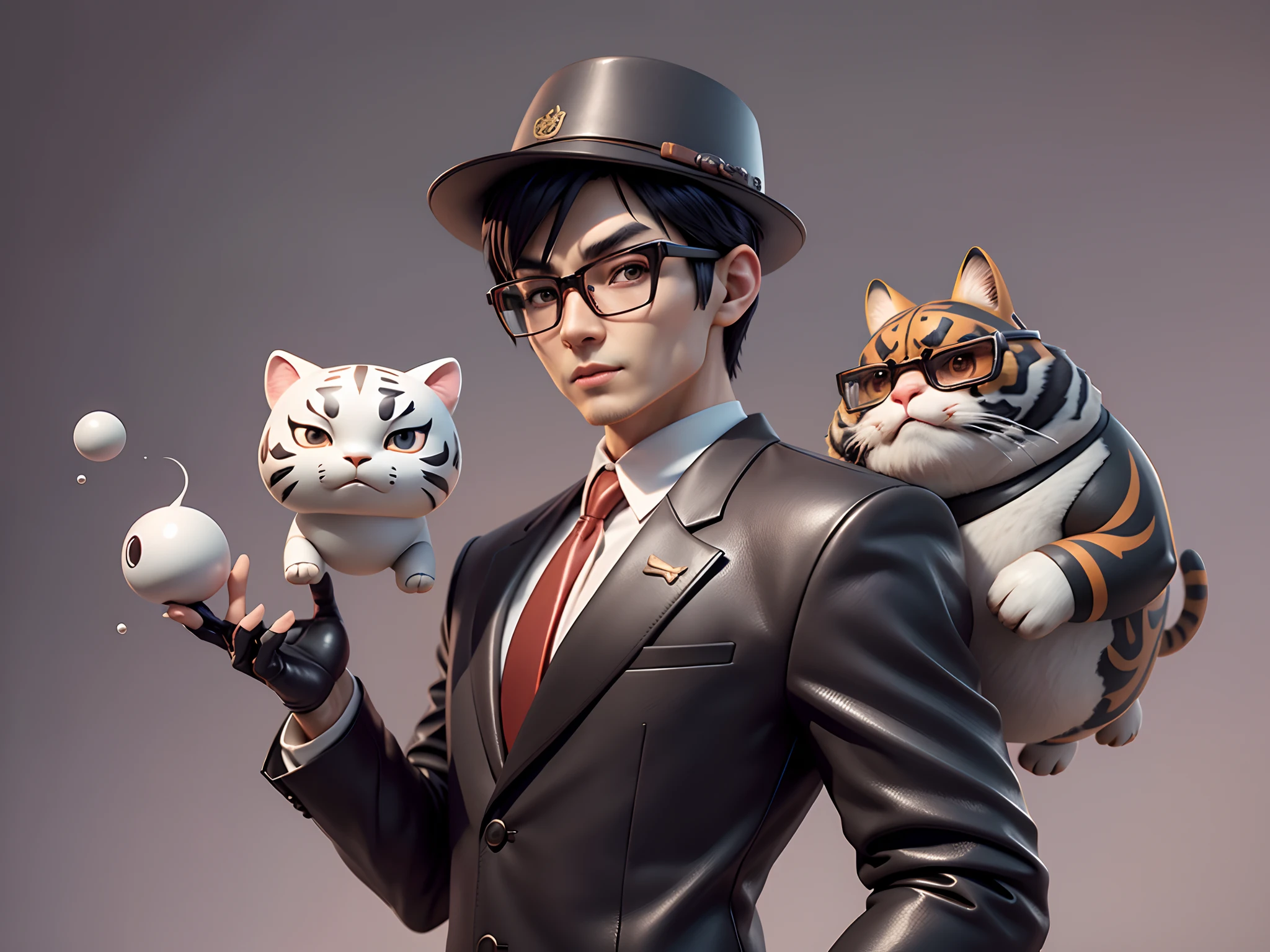 Young man with oriental face in leather hat, tiger, oriental face in formal suit, short black hair, silver glasses, digital painting, 3D character design by Mark Clairedon and Pixar and Hayao Miyazaki and Akira Toriyama, the illustration is a high-definition illustration in 4K resolution with very detailed facial features and cartoon-style visuals.