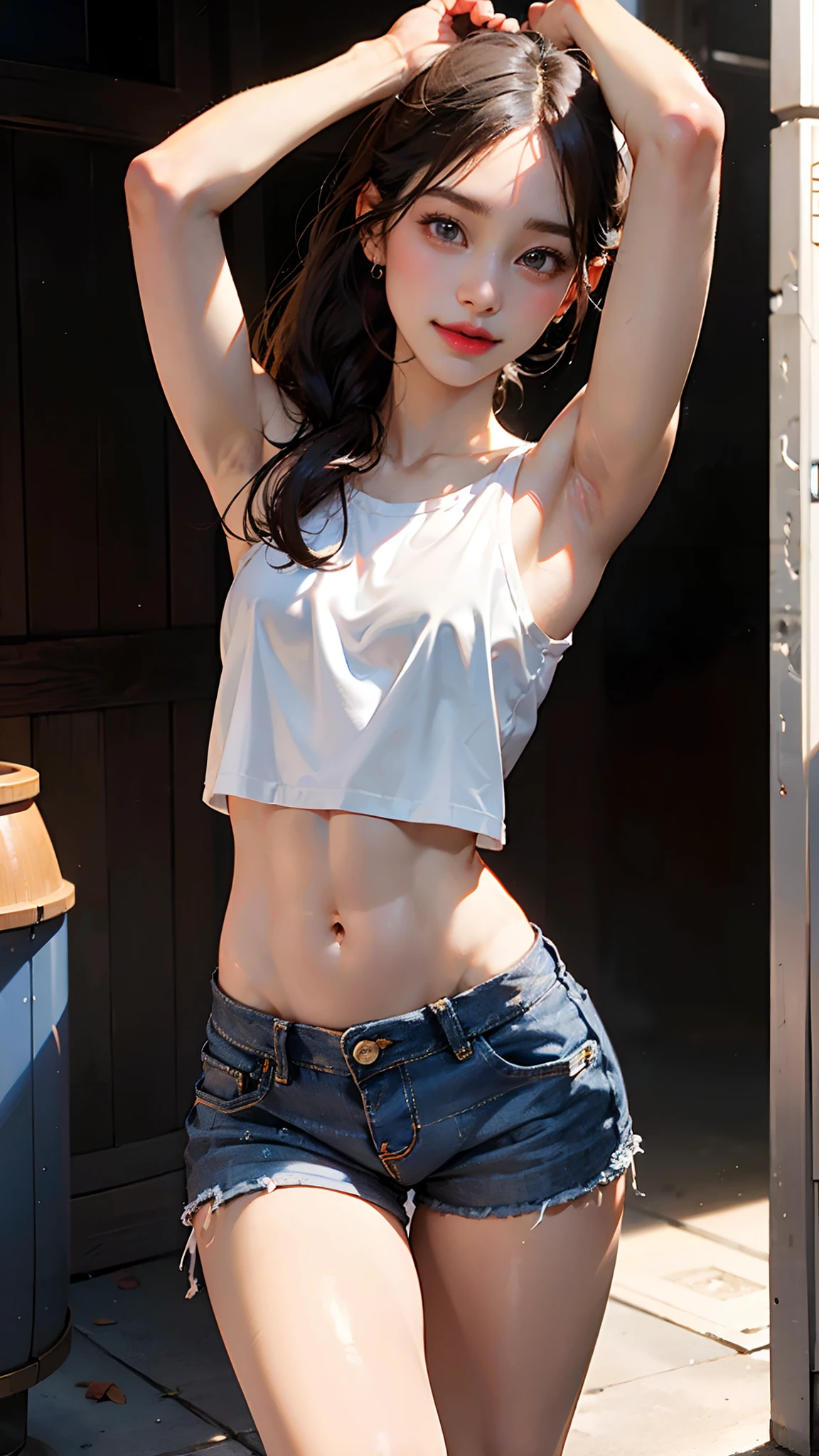 (Excellent photo of a beautiful Japanese Lady),
((highly detailed, best quality)),(photorealistic:1.2),8k,(high resolution),(depth of field:1.2),(character focus),perfect anatomy,(professional lighting),
(1girl),(26yo),(arms up),
looking at viewer,(full body),
((beautiful detailed eyes)),(narrow face:1.2),thick eyebrows,(falling eyebrows),(tareme:1.2),(blue eyeshadow),big eyes,(brown eyes:1.3),
(smiling),blush,(super detailed skin),
(parted lips:1.1),(plump lips:1.2),(glossy lips),(lipstick)
braid,(black medium hair),(pulled back hair),((wide forehead)),
(ideal ratio body proportions:1.5),(tall body:1.25),(attractive thighs),(attractive waist circumference),
(flat chest:1.35), (nipples visible through clothes),(muscular:1.3)
(denim shorts:1.4),(tank top:1.2),(tube top:1.35),(pubic hair),crotch bulge:1.3),
street,