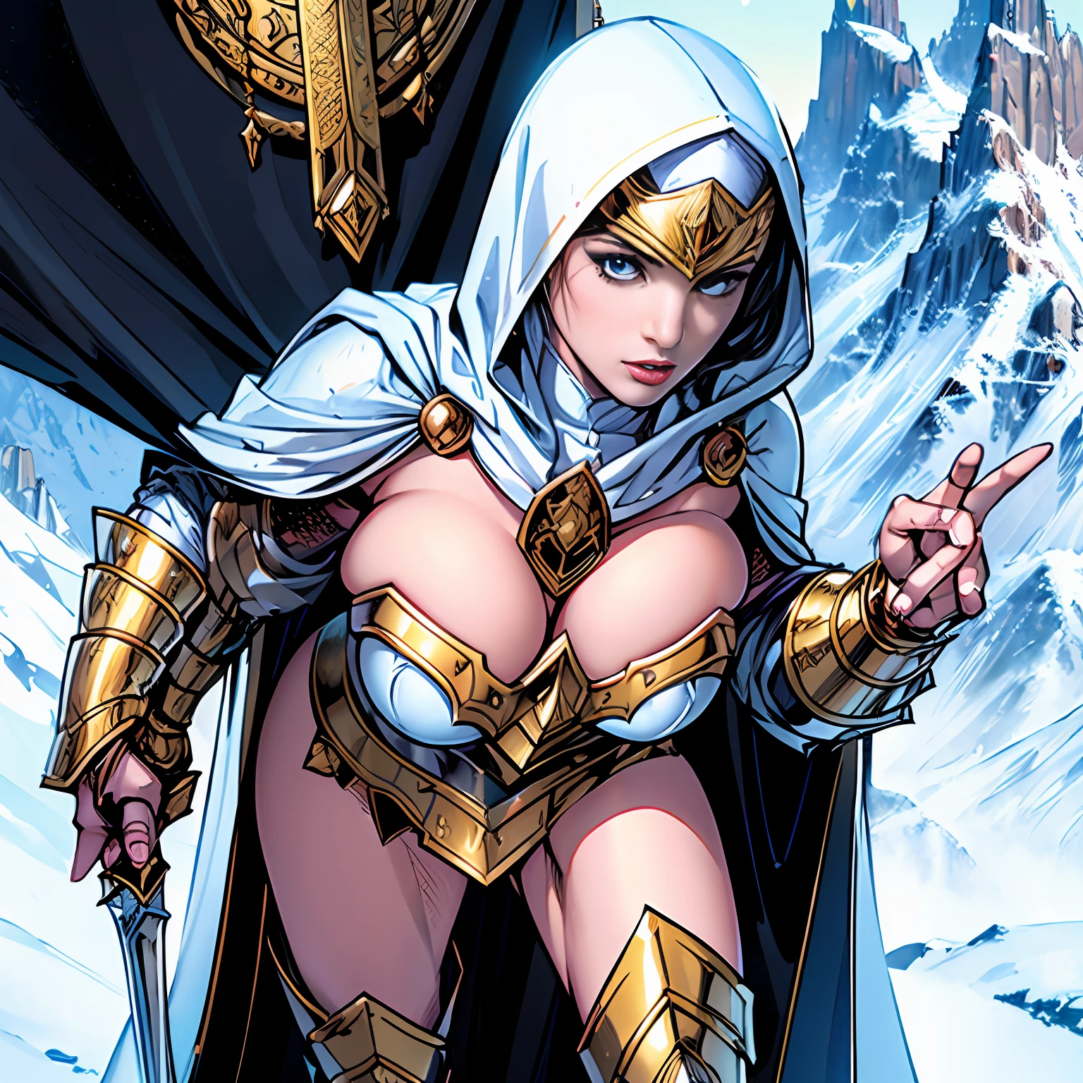 (masterpiece, top quality, best quality, official art, beautiful and aesthetic:1.2), (1girl:1.3), light freckles, fair skin, extremely detailed, portrait, looking at viewer, solo, (full body:0.6), detailed background, close up, (warm grasslands theme:1.1), holy paladin knight, charlatan, smirk, mysterious, swaying in mountains, skimpy attire, ornate white and gold armor, cowl, nun hood, wimple, cowl, chain mail, breastplate, tabard, gorget, hood, pauldrons, greaves, armored, long boots, longsword, shield, cape, cloak, white fabric, pale leather, ((((gigantic breasts)))), slim waist, slim hips, long legs, medieval (mountain exterior:1.1) background, dark mysterious lighting, shadows, magical atmosphere, dutch angle,