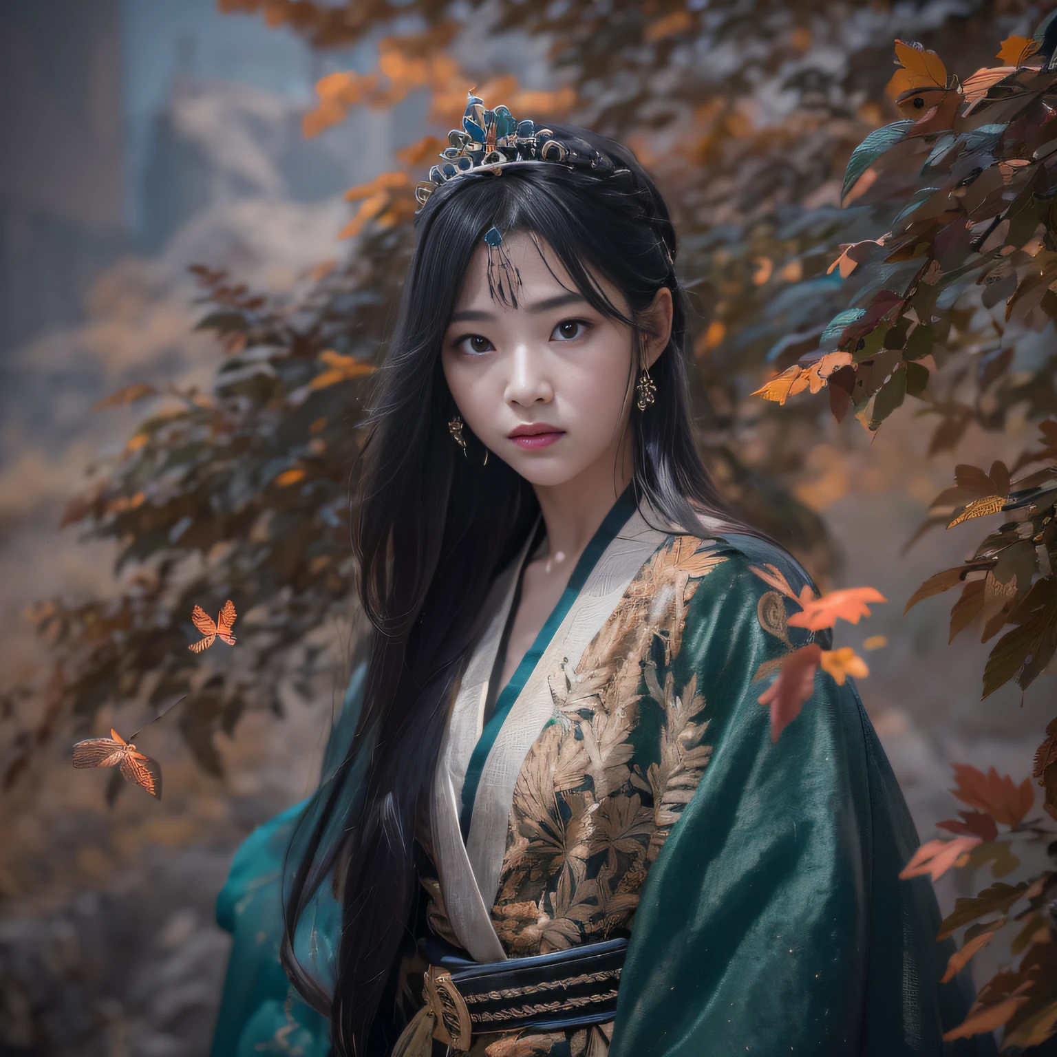 32K（tmasterpiece，k hd，hyper HD，32K）Long flowing black hair，Yellowstone，Tongzhou girl ，Indigo water bottle in arms（realisticlying：1.4），Flame linen robe，Purple-pink tiara，The leaves flutter，The canyon background is pure，Hold your head high，Be proud，The nostrils look at people，Bagua Boxing，Taiji Sword，In martial arts practice，jumpping， A high resolution， the detail，autumnal， RAW photogr， Sharp Re， Nikon D850 Film Stock Photo by Jefferies Lee 4 Kodak Portra 400 Camera F1.6 shots, Rich colors, ultra-realistic vivid textures, Dramatic lighting, Unreal Engine Art Station Trend, cinestir 800，Hold your head high，Be proud，The nostrils look at people