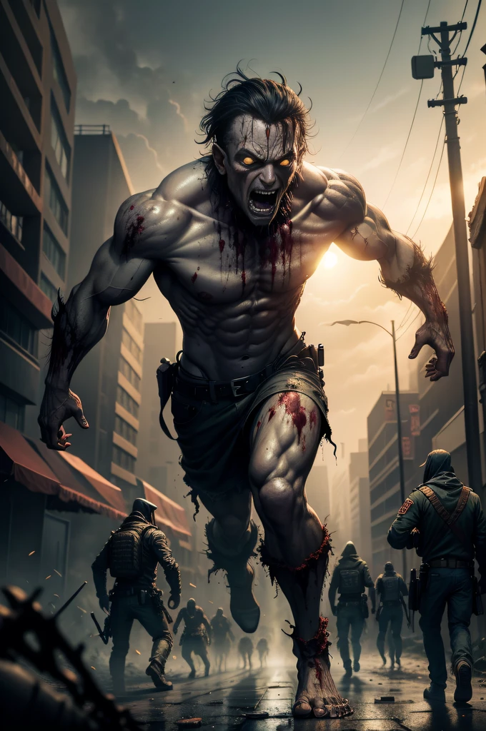 Zombie hordes，Chaotic streets，A doomsday scene，Fleeing crowds，Bloody scenes，scary style