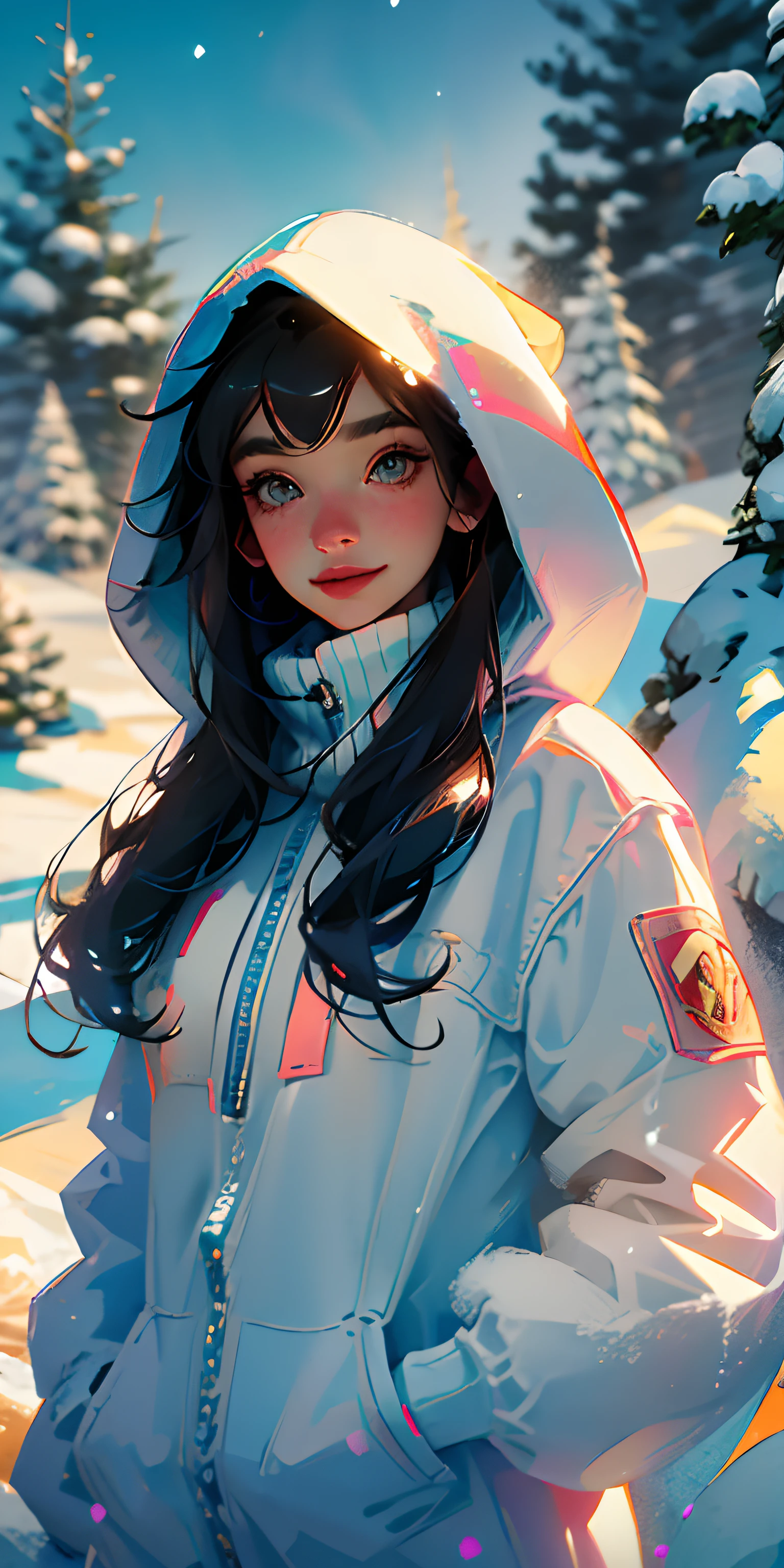 Snow with the girl , white hood, beautiful smile