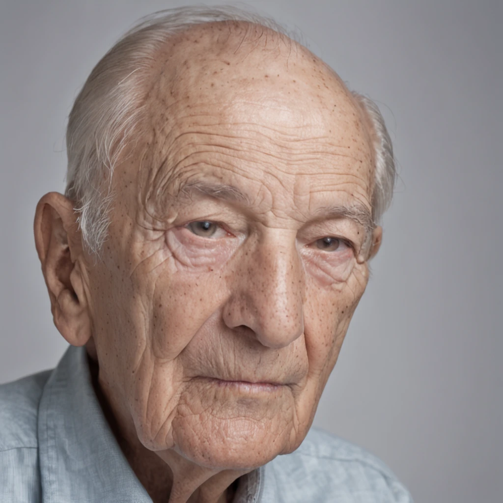 A detailed and macro photograph of an elderly man's face, captured using a Sony A7r camera with an FE 50mm - F 2.8 GM lens.