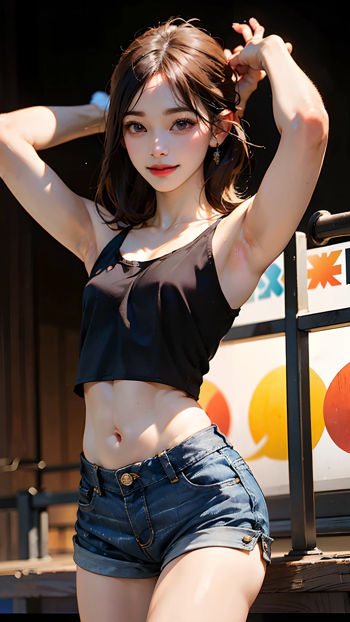 (Excellent photo of a beautiful Japanese Lady),
((highly detailed, best quality)),(photorealistic:1.2),8k,(high resolution),(depth of field:1.2),(character focus),perfect anatomy,(professional lighting),
(1girl),(26yo),(arms up),
looking at viewer,(full body),
((beautiful detailed eyes)),(narrow face:1.2),thick eyebrows,(falling eyebrows),(tareme:1.2),(blue eyeshadow),big eyes,(brown eyes:1.3),
(smiling),blush,(super detailed skin),
(parted lips:1.1),(plump lips:1.2),(glossy lips),(lipstick)
braid,(black medium hair),(pulled back hair),((wide forehead)),
(ideal ratio body proportions:1.5),(tall body:1.25),(attractive thighs),(attractive waist circumference),
(flat chest:1.35), (nipples visible through clothes),(muscular:1.3)
(denim shorts:1.4),(tank top:1.2),(tube top:1.35),(pubic hair),crotch bulge:1.3),
street,