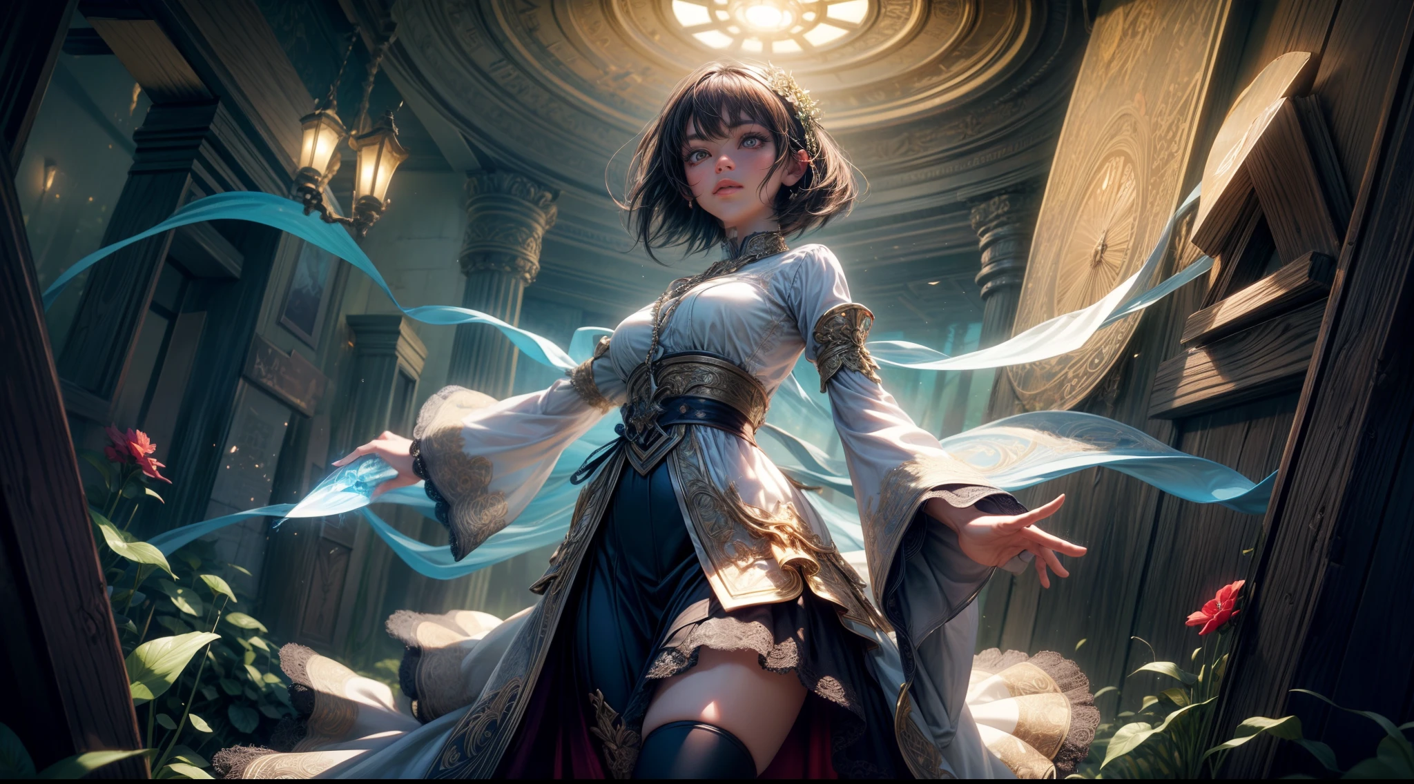 village field peasant woman, 24-year-old female, (face detail), magic lights, magic necklace, dress, neckline, (lacy), [[((forest)):((field)):0.25]:((village)):0.6], train on background, magic technologies, futurism, fantasy, magic, silk, 1girl, masterpiece, best quality, decollete, natural breasts, slim body, zettai ryouiki, medium length hair, (beautiful detailed bright eyes), portrait, (full body), (beautiful and aesthetic:1.2, fractal art:1.4), most realistic, hyper-realistic, RAW, highest quality, best quality, Detailed, Realistic, 4k highly detailed digital art, octane render, bioluminescent, (cool_color), best pixels, 8k ultra, extremely detailed CG unity 8k wallpaper, cinematic lighting