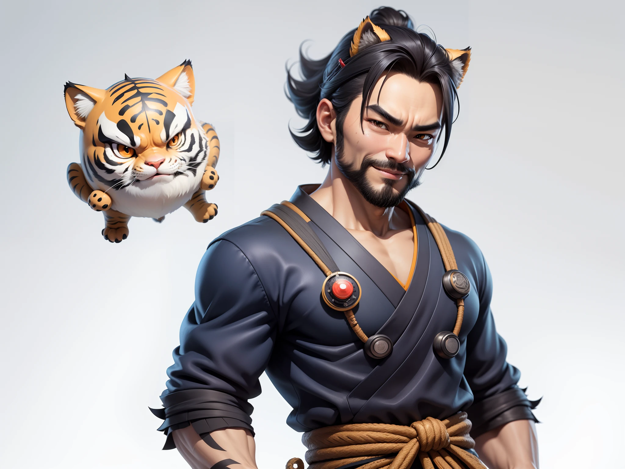 (Daisaku),(Need),(Super meticulous),(full bodyesbian:1.2),Super young man with Japanese geisha，Beautiful，orient，one tiger，Aeolian Thor，Raised sexy，爆乳，Oriental face，TV Anchor，Bust portrait illustration，In black suit，a blue tie，The face is slightly chubby，The face was clean，without a beard，Black super short hair，Black eyes，Smile confidently，3C computer sub-products，iPad， iphone，Digital painting，3D character design by Mark Clairen and Pixar and Hayao Miyazaki and Akira Toriyama，The illustration is a high-definition illustration in 4K resolution，With very detailed facial features and cartoon-style visuals。