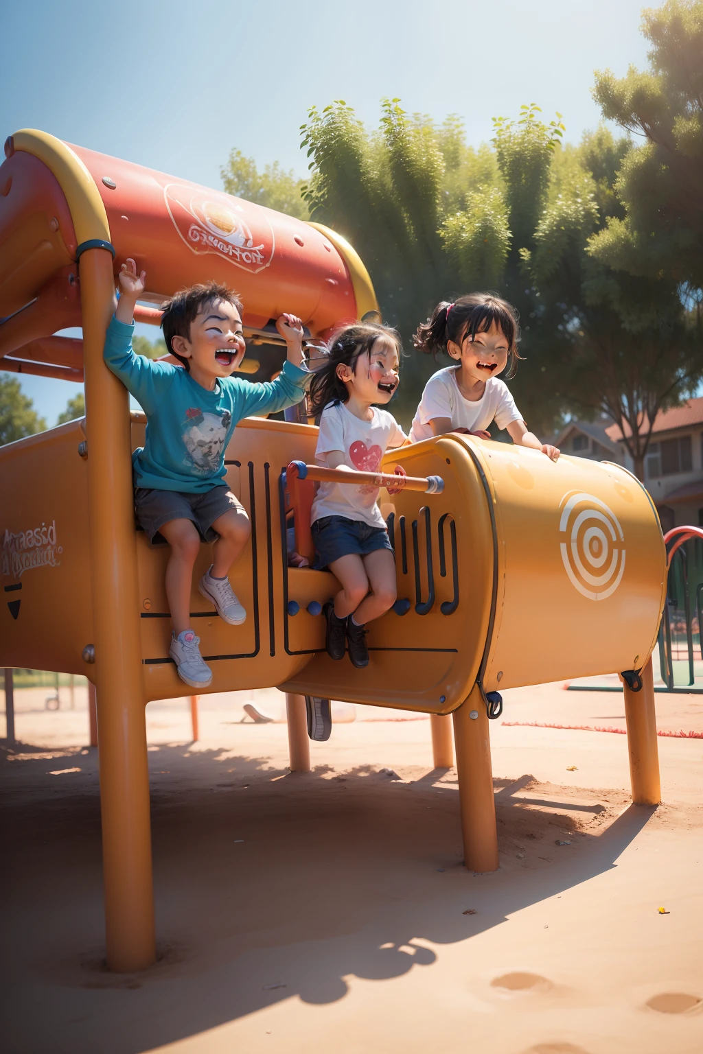 (((masterpiece))), best quality, Children playing on playground equipment, Happy smile, Bright colorful landscape, It's like a dream, Emotional moments, Playful situations.