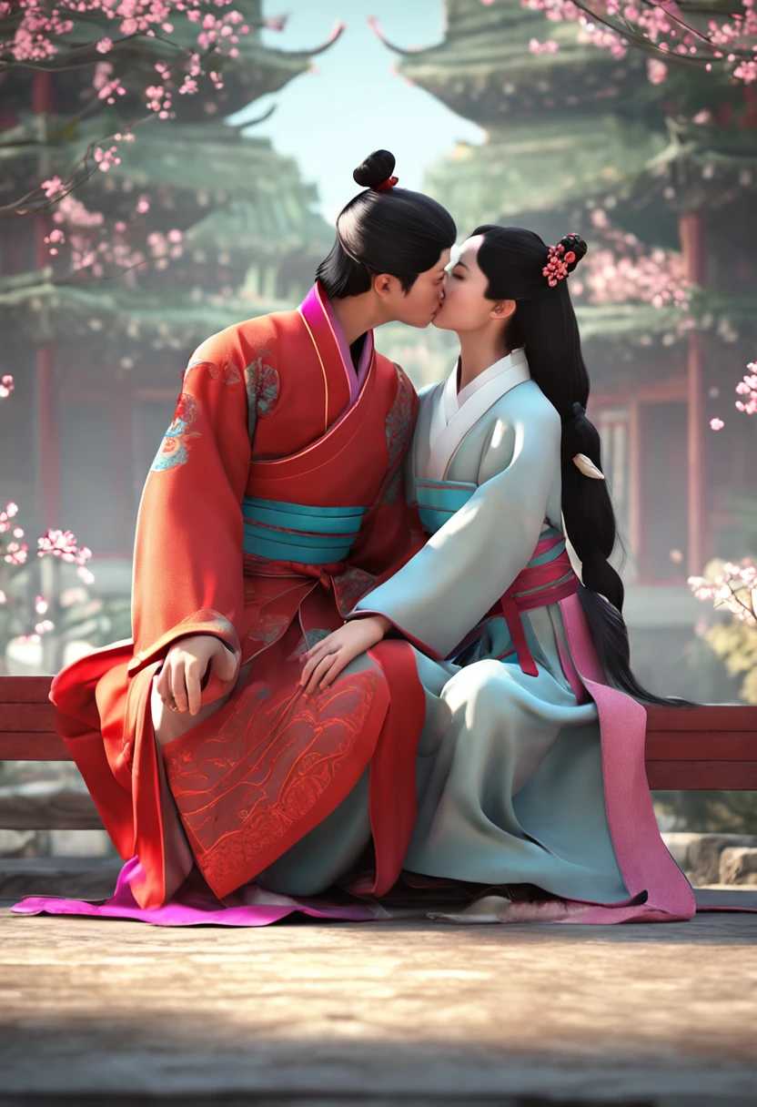 Style couple kissing,Chinese elements, Hanfu,chineseidol,Ordinary looking, Incredibly high detail, Pixar style, Bright colors, Natural light, Simple background in solid color, 5 and octane rendering, Popular on artstation, Gorgeous, ultra-wide-angle, 8K, HD realistic, 8K HD is realistic