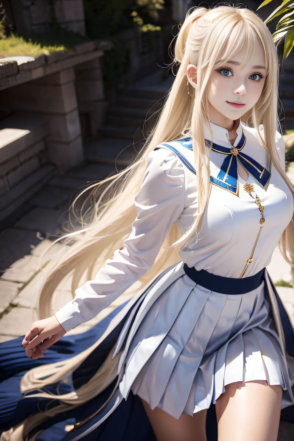 bright expression、poneyTail、Young shiny shiny white shiny skin、Best Looks、Blonde reflected light、Platinum blonde hair with dazzling highlights、shiny light hair,、Super long silky straight hair、Beautiful bangs that shine、Glowing crystal clear attractive big blue eyes、Very beautiful nice cute 16 year old girl、Lush bust,Beautiful detailed eyes, beautiful detailed nose,(( Full body:1.25)),Makeup that the eyes emphasize、((Pleated skirt with many folds)),(Women like Joan of Arc)、s Armor、Knights, With a sword and shield,Royal style,Comic style, , Sub-surface scattering, ornate detail, nature backdrop, Hyper-realistic, Cinematic, Dramatic Lighting, masutepiece