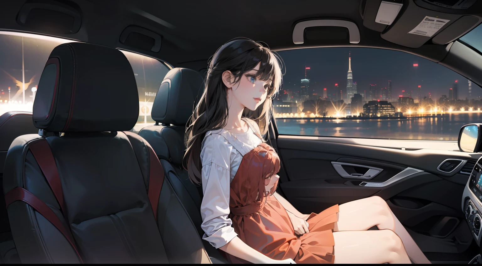 (((Two girls inside car))), (((sitting on the back sit of a big sedan car))). Nigth, luxury dresses, neons trace on the outside fron the cityligths, vibrant colors, glimmer, jet set, low angle, fish eye perpective