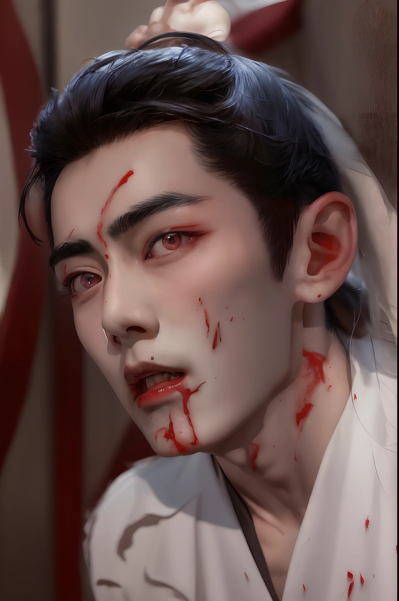 Xiao Zhan,Handsome guy with blood on his clothes and face, Qingxiu young Xiao Zhan,Big handsome guy ,Invincible big handsome guy,The eyes are beautiful and pure,Unparalleled beauty,Handsome oriental 17 year old demon boy, clean brutal blooded face, male vampire, Blood on his face