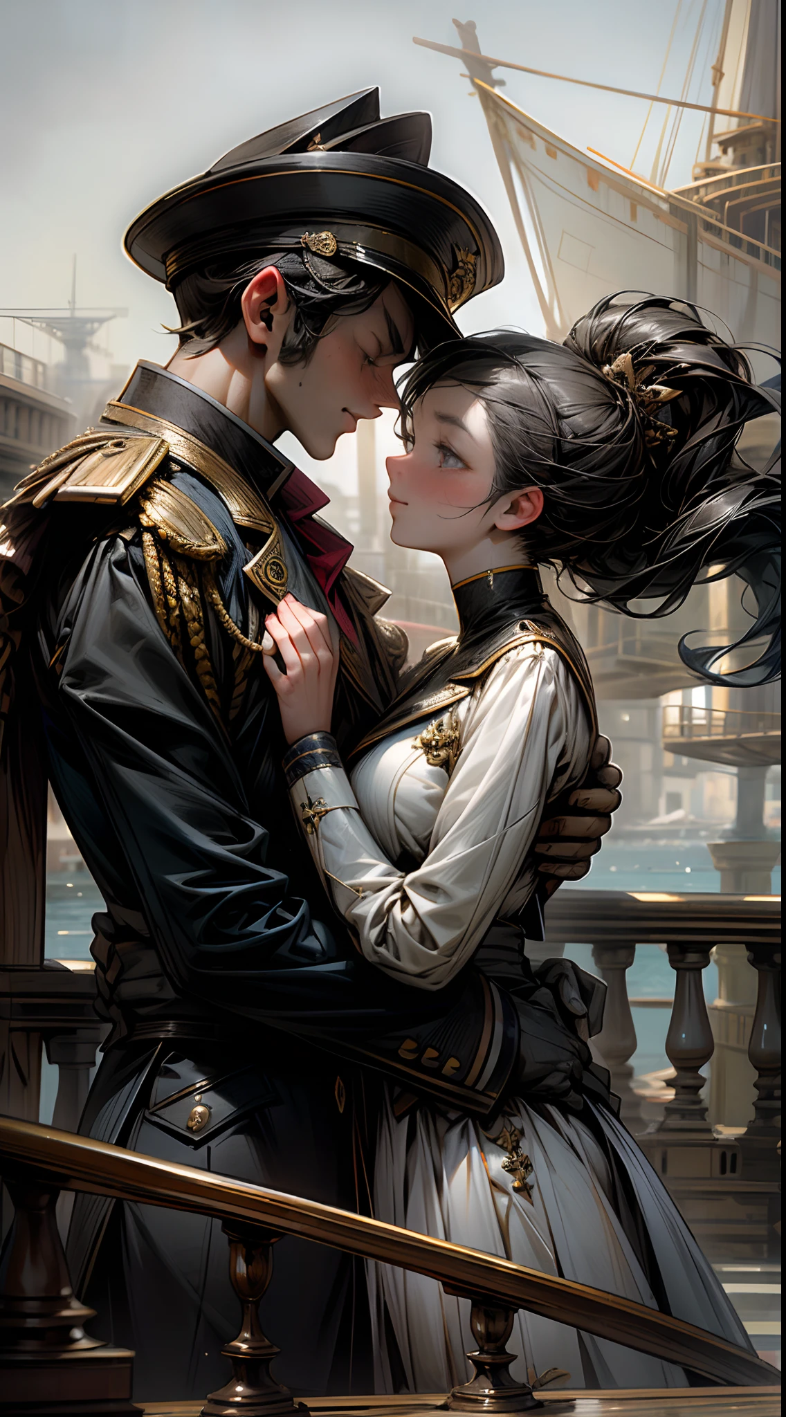 masterpiece, best quality, Panorama, prefect face, exquisite facial features,Romantic couple kissing in the wind,naval uniform,ports,