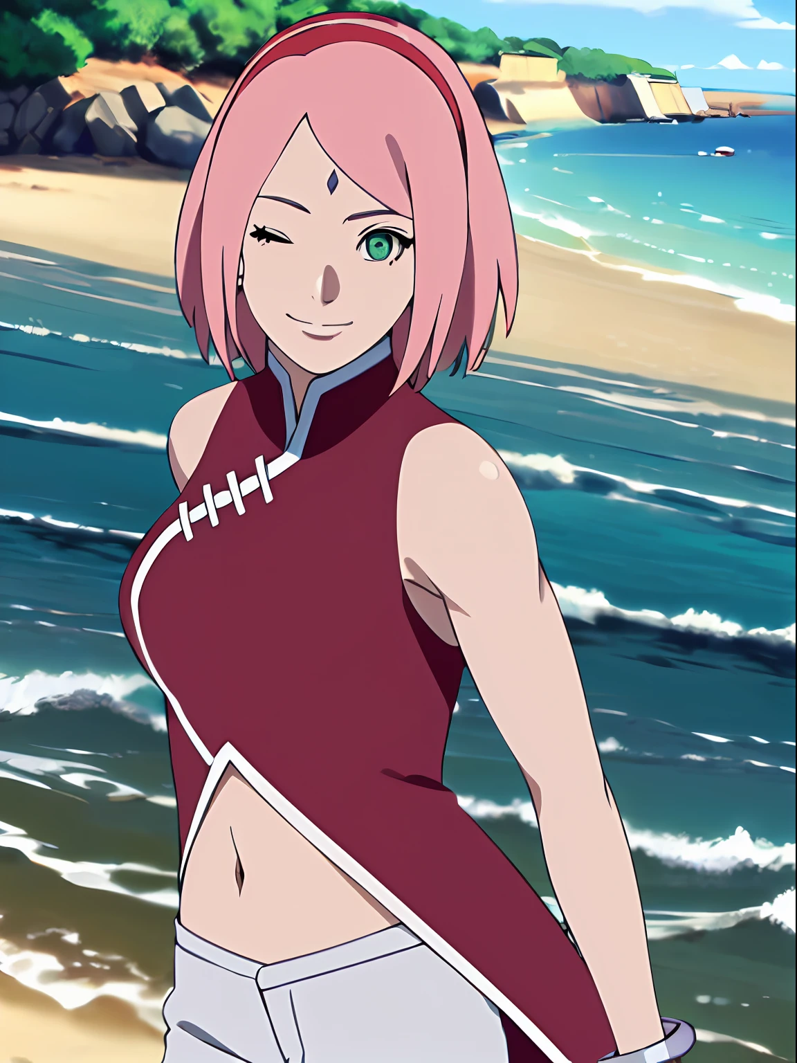 masterpiece, 4k, portrait, closeup, professional artwork, detailed beach background, intricate details, colorful, digital blending, (ultra detailed body, ultra detail hair, ultra detail face), trending on pixiv, kind smile, best quality, anime style: 1.9, 1girl, hires, haruno sakura, (forehead mark, milf, red hairband, pale skin, short hair, ((red sleeveless dress), white pants), (navel, belly button, bracelet, pink hair, closed mouth), smile, beach, wind, floating hair, detailed arms, off-shoulders, broad shoulders, slightly muscular arms, (dirty armpits, armpit pocket), standing, winking, one eye closed)