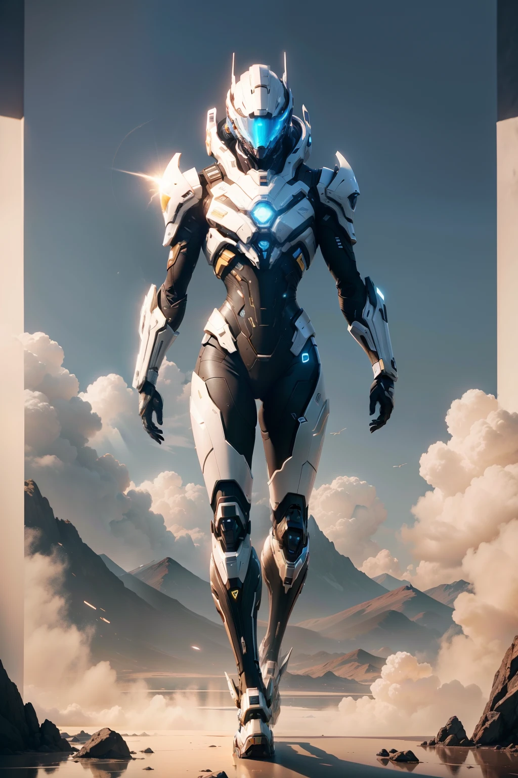Mechs in the sky fight dragons。High in the air,There is no earth, and white clouds float in the sky during the day,The mechs in the distance reflected the sunlight。(high detal)(the Sun Shining)(Castle in the sky)(high qulity)(A high resolution)(1080P,2K,4K,18K)(8K smooth)futuristic sense of technology the high-purity tone ultrawide shot Warframe Unreal Engine Quixel Megascans Render
