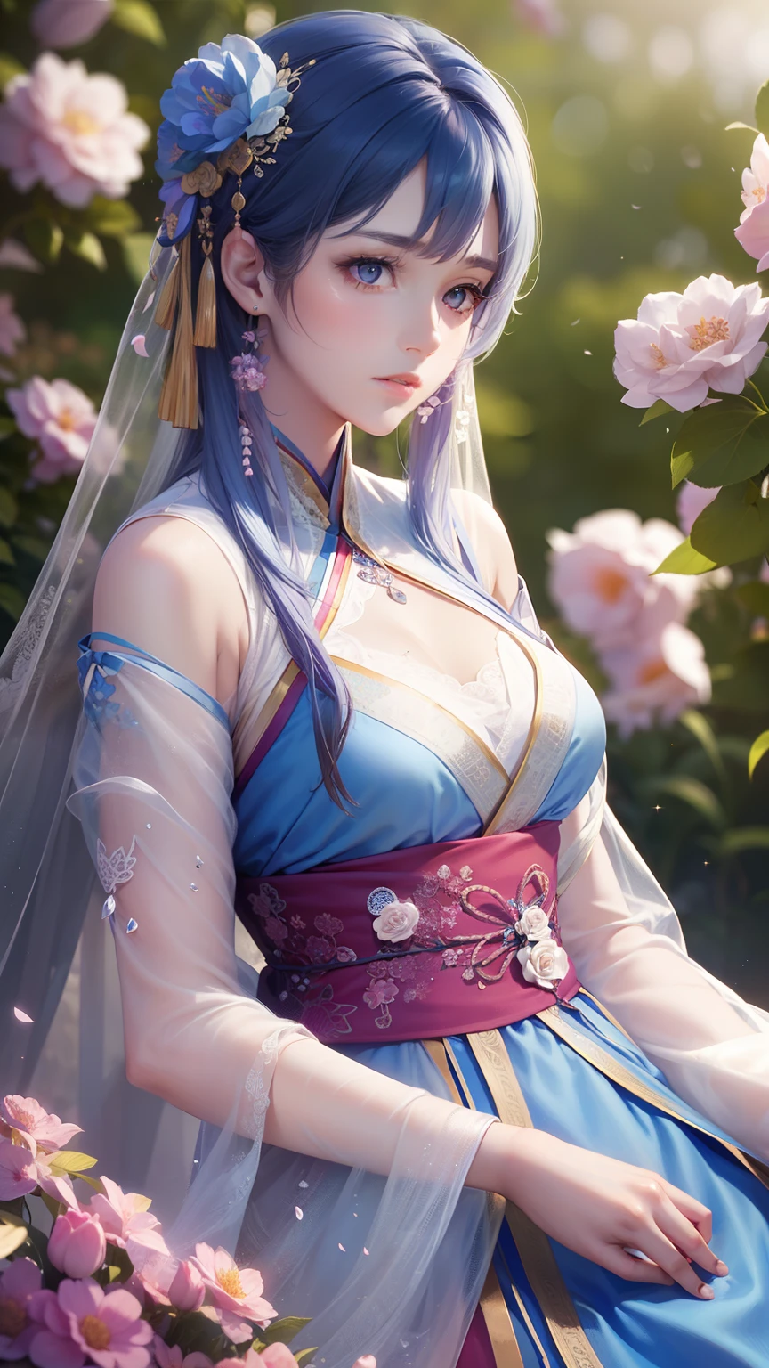 (Girl), Lace, Ribbon, Hanfu, (Masterpiece, Side Light, Delicate and Pretty), Masterpiece, Realistic, Glowing Eyes, Sparkling Hair, Shiny Skin, Celimecy, Bare Shoulder, Delicate, Beautiful, Garden, Flowers, Fluttering Petals