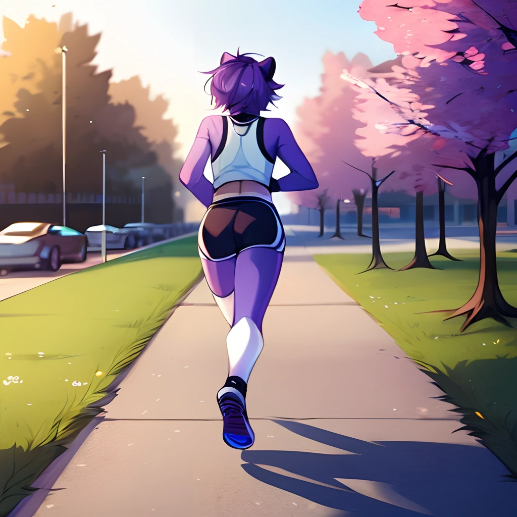(By hyattlen, by fumiko, by claweddrip:1.2), solo, one girl, a purple anthro furry skunk girl, female, (purple and white furry body):1.1, black nose, (cute snout:1.1), purple skunk tail, (very short dark purple hair), simple solid blue eyes, wearing athletic clothes, jogging, jogging towards camera, outside at a park, jogging on a sidewalk