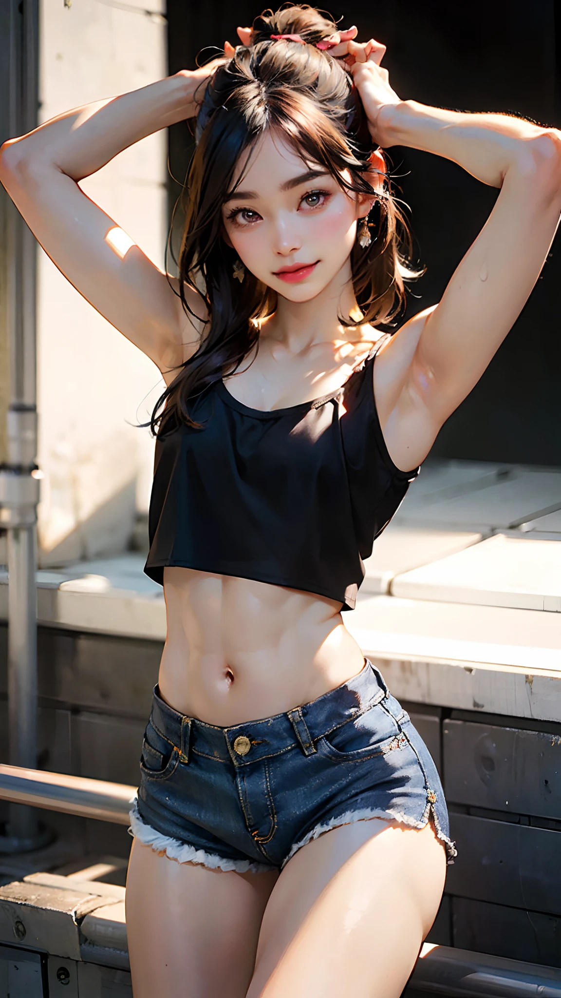 (Excellent photo of a beautiful Japanese Lady),
((highly detailed, best quality)),(photorealistic:1.2),8k,(high resolution),(depth of field:1.2),(character focus),perfect anatomy,(professional lighting),
(1girl),(young),(arm up),
looking at viewer,(walking),
((beautiful detailed eyes)),(narrow face:1.2),thick eyebrows,(falling eyebrows),(tareme:1.2),(blue eyeshadow),big eyes,(brown eyes:1.3),
(smiling),blush,(super detailed skin),
(parted lips:1.1),(plump lips:1.2),(glossy lips),(lipstick)
braid,(black medium hair),(pulled back hair),((wide forehead)),(slender:1.2),
(ideal ratio body proportions:1.1),(tall body:1.2),attractive thighs,attractive waist circumference,
(flat chest:1.35), (nipples visible through clothes),(muscular:1.25),(skin-tight clothes:1.3),
(high-cut denim shorts:1.4),(white tube top:1.3),(pubic hair:1.6),(crotch bulge:1.45),
street,