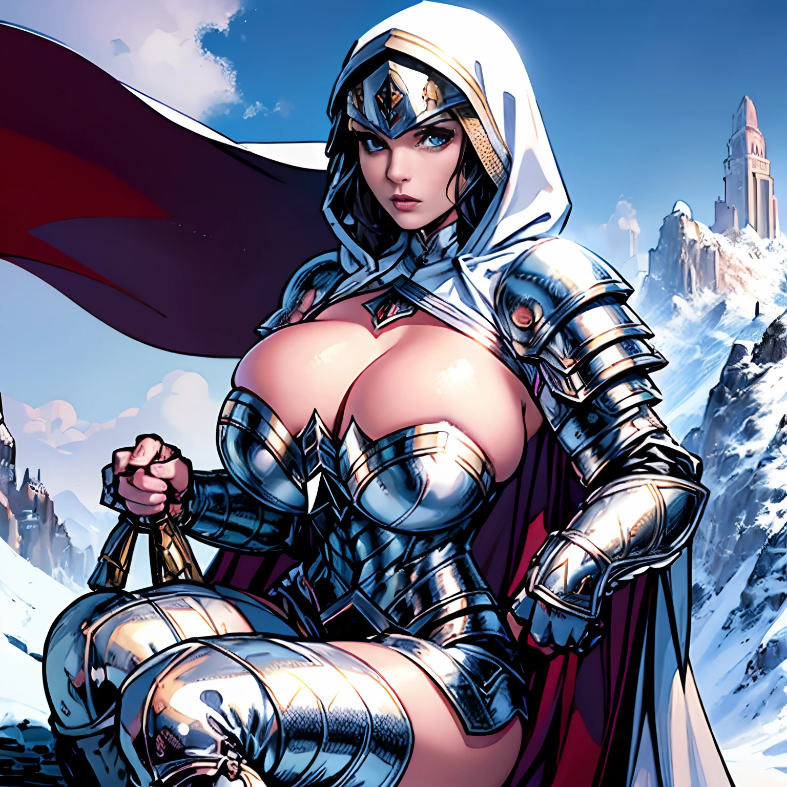 (masterpiece, top quality, best quality, official art, beautiful and aesthetic:1.2), (1girl:1.3), light freckles, fair skin, extremely detailed, portrait, looking at viewer, solo, (full body:0.6), detailed background, close up, (warm grasslands theme:1.1), holy paladin knight, charlatan, smirk, mysterious, swaying in mountains, skimpy attire, ornate white and gold armor, cowl, nun hood, wimple, cowl, chain mail, chainmail, breastplate, tabard, gorget, hood, pauldrons, greaves, armored, long boots, longsword, shield, cape, cloak, white fabric, pale leather, ((((gigantic breasts)))), slim waist, slim hips, long legs, medieval (mountain exterior:1.1) background, dark mysterious lighting, shadows, magical atmosphere, dutch angle,