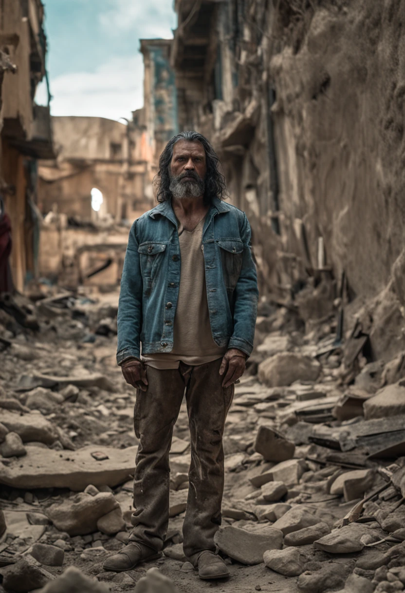 Foto RAW, um retrato aproximado de um homem brutal de 35 anos em roupas de desertor, corte de cabelo longo, pale skinned, corpo esguio, background of city ruins (pele altamente detalhada: 1.2), 8k uhd, dslr, soft-lighting, alta qualidade, grain of film, Fujifilm XT3