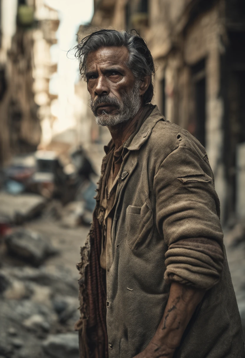 Foto RAW, um retrato aproximado de um homem brutal de 35 anos em roupas de desertor, corte de cabelo longo, pale skinned, corpo esguio, background of city ruins (pele altamente detalhada: 1.2), 8k uhd, dslr, soft-lighting, alta qualidade, grain of film, Fujifilm XT3