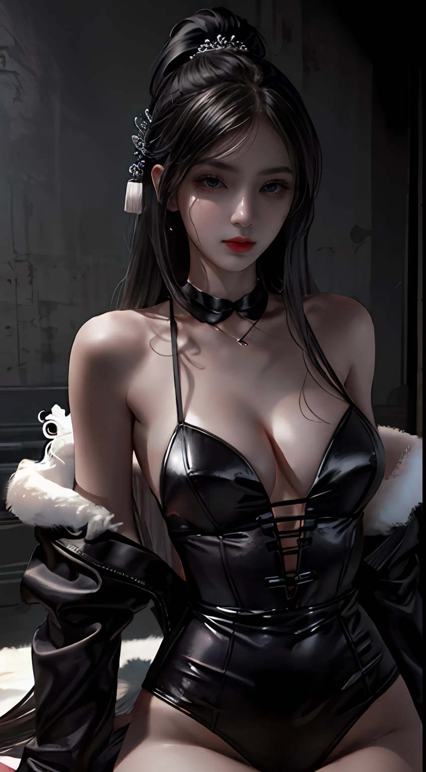 best qualtiy，tmasterpiece，超高分辨率，（realisticlying：1.4），RAW photogr，1eldritch girl，bshoulders，in the darkness nigth，deep shading，low tune，Cold light nudity，tear-mole，No clothing，Condescending，The chest is not covered，Christmas costumes，Taste