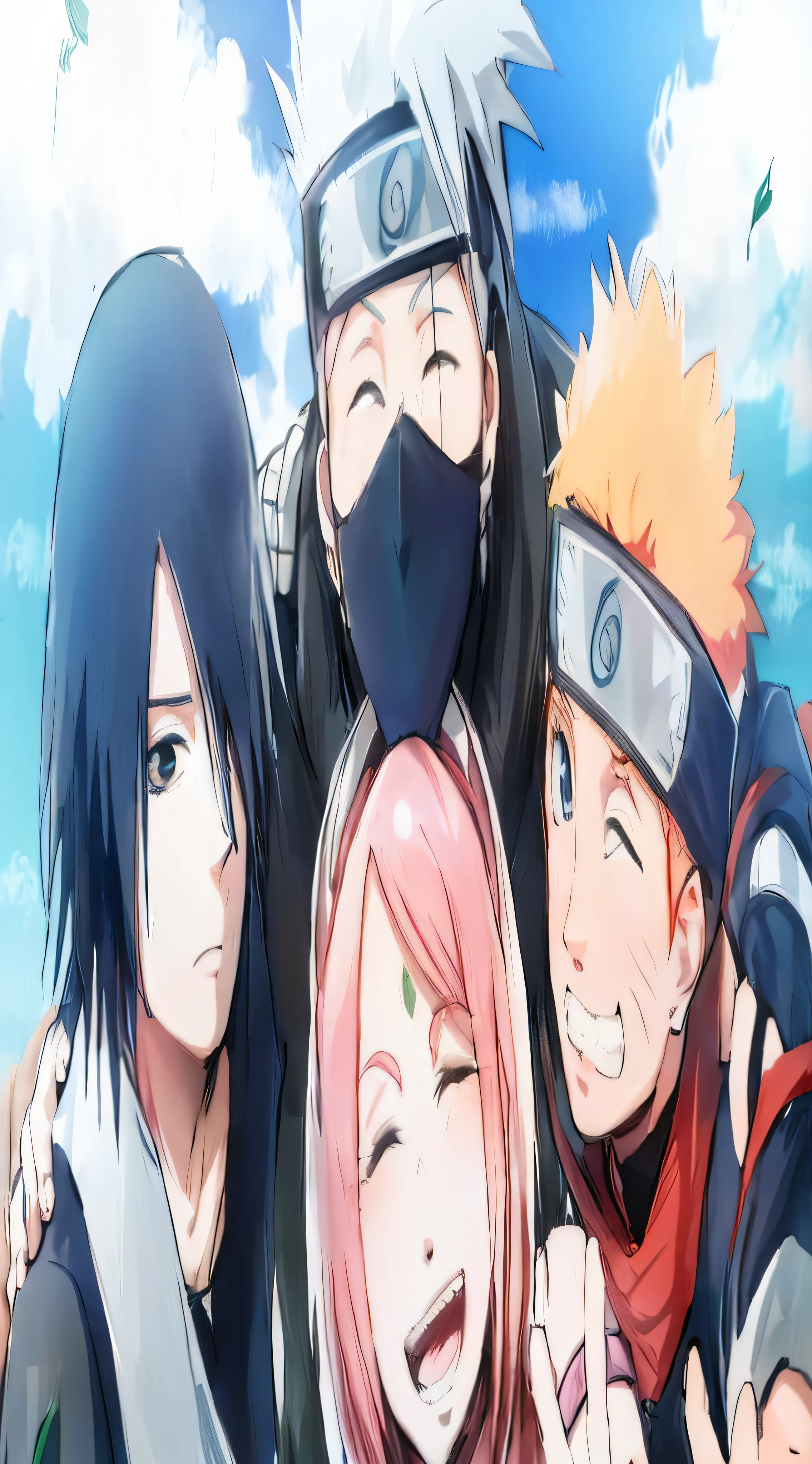 Anime characters posing for a photo with a blue sky background, de naruto, haruno sakura, Kakashi hatake, sakura haruno, Sakura Haruno no modo Slug Sage, Sasoura, Anime de hoje ainda em destaque, naruto artstyle, Kakashi, capa de anime, acampamento yuru anime, Shinobi, Acampamento Yuru, Jujutsu Kaisen