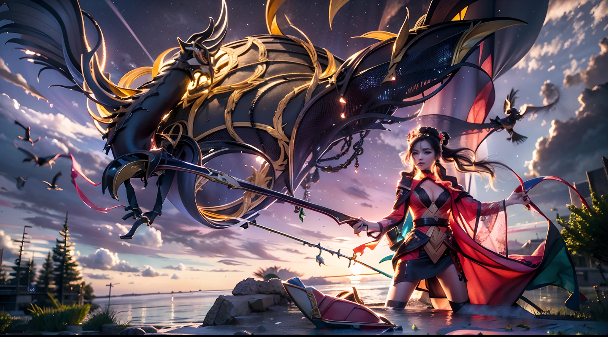 In this super grand scene,The wide-angle lens captures a striking picture。Heaven and earth collapsed,The corpse mountains of the Heavenly Immortal Buddha spread out in a sea of blood,The Avenue of the Three Realms was broken,And in the boundless chaotic darkness,Two figures stand in it。Above all,The figure of the weaver girl is graceful,While standing in this darkness,Like a blazing flame in the night,Like the goddess of darkness in a fairyland,Her presence exudes a majestic and majestic evil aura。She holds the Pauline lamp in her left hand,A gentle light illuminates the cowherd,The right hand holds the heaven-opening axe,The lines on the blade of the axe reveal ancient authority。There was fanaticism and determination in her eyes,As if a warrior in the dark,Do whatever it takes for some kind of goal。Her gaze reveals firmness and depth,As if it were an existence with endless wisdom。And beside her,Niu Lang is dressed in a black robe,Mounted on a scalper reincarnated by the Bull Demon King。This scalper is huge,Carrying heavy history and strength。Its horns shone with a grim glow,It symbolizes an unshakable and firm will。The cowherd sits on the back of the scalper,His gaze is deep and powerful,As if it can penetrate the darkness,Find the light of hope。His battle robe fluttered in the wind,Reveals his bravery and determination。In front of it all,A thousand-square-foot high Magpie Bridge spans the void,Connecting darkness and light。The Magpie Bridge emits a starry river,Like the last light between heaven and earth,A glimmer of hope for a world shrouded in destruction and darkness。The cowherd and the blackened seven fairies looked at each other and laughed,The eyes are full of tacit understanding and emotion,They seem destined to face this crisis together。The composition of the whole picture cleverly shows that the Magpie Bridge is erected above the corpse mountain and the sea of blood,With fairy corpses、The sea of golden blood is intertwined,The result is a grand visual ef