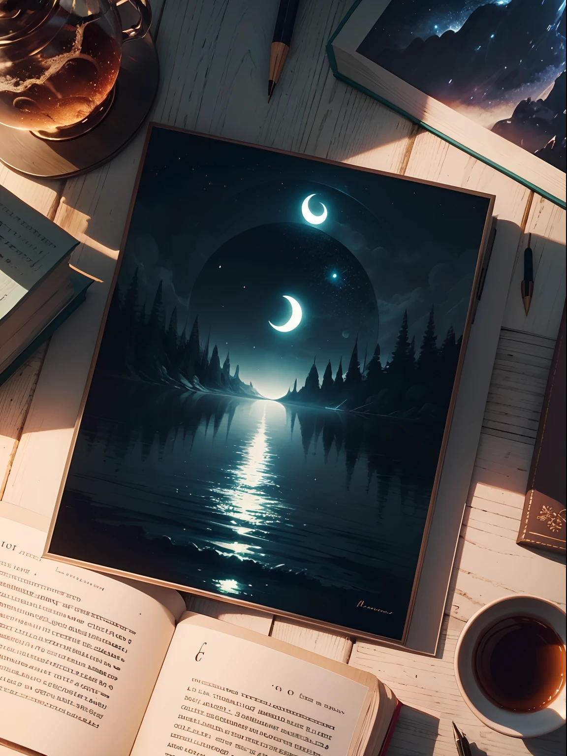 it is night,I see the moon,magia,Fantasia,Unmanned illustration,There is water.,There are books