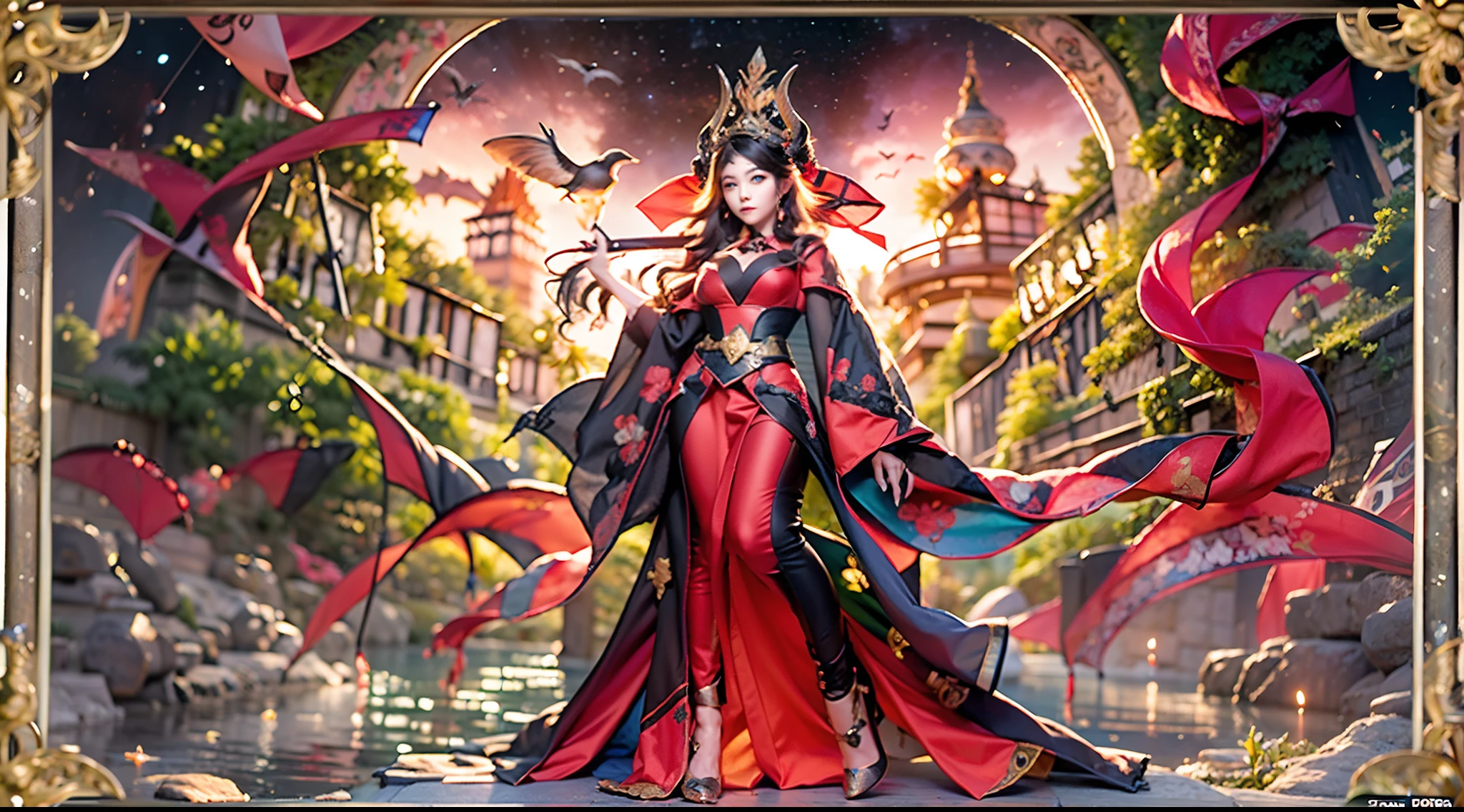 In this super grand scene,The wide-angle lens captures a striking picture。Heaven and earth collapsed,The corpse mountains of the Heavenly Immortal Buddha spread out in a sea of blood,The Avenue of the Three Realms was broken,And in the boundless chaotic darkness,Two figures stand in it。Above all,The figure of the weaver girl is graceful,While standing in this darkness,Like a blazing flame in the night,Like the goddess of darkness in a fairyland,Her presence exudes a majestic and majestic evil aura。She holds the Pauline lamp in her left hand,A gentle light illuminates the cowherd,The right hand holds the heaven-opening axe,The lines on the blade of the axe reveal ancient authority。There was fanaticism and determination in her eyes,As if a warrior in the dark,Do whatever it takes for some kind of goal。Her gaze reveals firmness and depth,As if it were an existence with endless wisdom。And beside her,Niu Lang is dressed in a black robe,Mounted on a scalper reincarnated by the Bull Demon King。This scalper is huge,Carrying heavy history and strength。Its horns shone with a grim glow,It symbolizes an unshakable and firm will。The cowherd sits on the back of the scalper,His gaze is deep and powerful,As if it can penetrate the darkness,Find the light of hope。His battle robe fluttered in the wind,Reveals his bravery and determination。In front of it all,A thousand-square-foot high Magpie Bridge spans the void,Connecting darkness and light。The Magpie Bridge emits a starry river,Like the last light between heaven and earth,A glimmer of hope for a world shrouded in destruction and darkness。The cowherd and the blackened seven fairies looked at each other and laughed,The eyes are full of tacit understanding and emotion,They seem destined to face this crisis together。The composition of the whole picture cleverly shows that the Magpie Bridge is erected above the corpse mountain and the sea of blood,With fairy corpses、The sea of golden blood is intertwined,The result is a grand visual ef