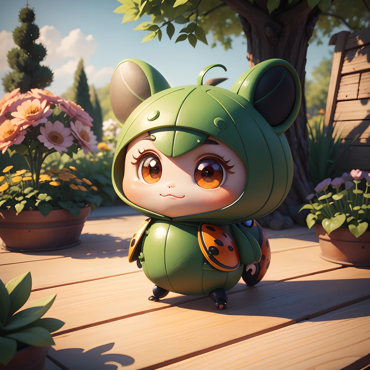 The ladybug of the cartoon character is in ((The most beautiful garden)) ((Ultra-rare flowers)) Wooden deck, Drawing numbers cute, cute 3 d render, beautiful detailed digital art, beautiful digital art, advanced digital chibi art, Children's art on the art station, ladybug as a monster, 3 d render stylized, ladybug, cute cartoon character, epic digital art illustration, beautiful digital art, Trend at Artstation headquarters, Cute Art