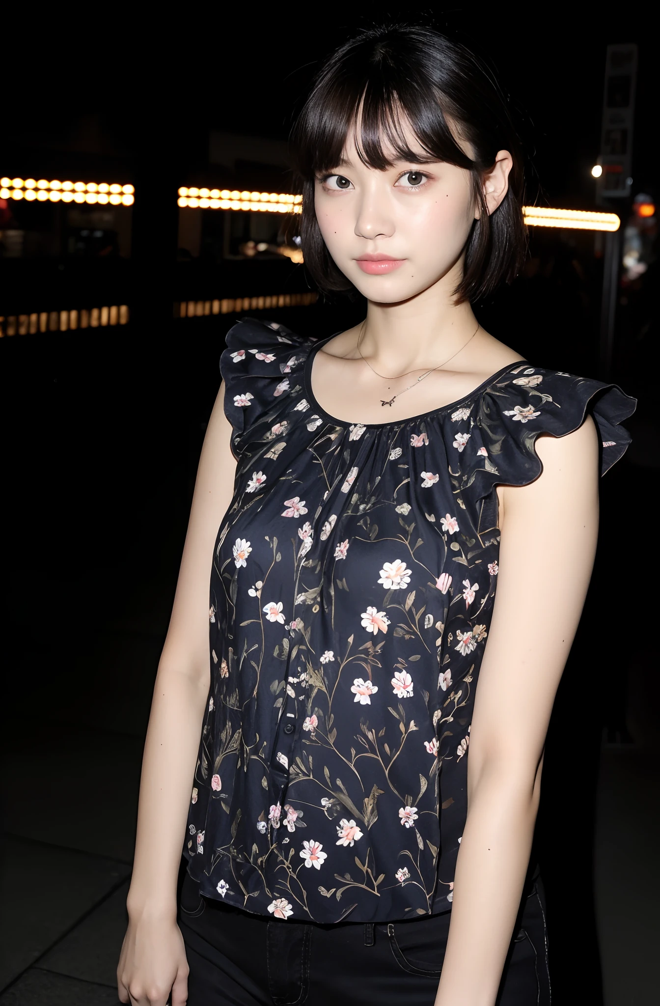 8K、top-quality、masterpiece、超A high resolution、photo-like、SLR、beautiful japanese female、Elegance、There is a good、Double eyes、Gentle face、Beauty of the wind、Moist beauty、short-cut、The eyes are far away、Transparent atmosphere、Beautiful face、Raised corners of the mouth、drooing eyes、Tanuki face、wrist watch、a necklace、A bracelet、Gradient lighting、Drop long bangs to the side、Girls and men、Delicate skin、Look into the distance、Brown-eyed、up chest、the shape of the chest is clear,,,,,,,,,,,,,,,,,,、very very gigantic boobs、breasts are large、Raw photography、(pureerosface_v1:0.5)、Ruffled Armhole Floral Top、Blouse、Round Neck、Small floral pattern、Small flower pattern、Ruffle button、Off-white collar、white clothes、Sleeveless、I can see my、High West、A-Line、Shoulder bag、Take your eyes off、total darkness、subject、Lean、Look here、deep in the night、Ass big、big butts、bbw、erect through、The night town of Ginza、nightcity、nighttime scene、night cityscape、Looking up angle、smil、Final stance、Put your hands on your knees、Shoulder bag、