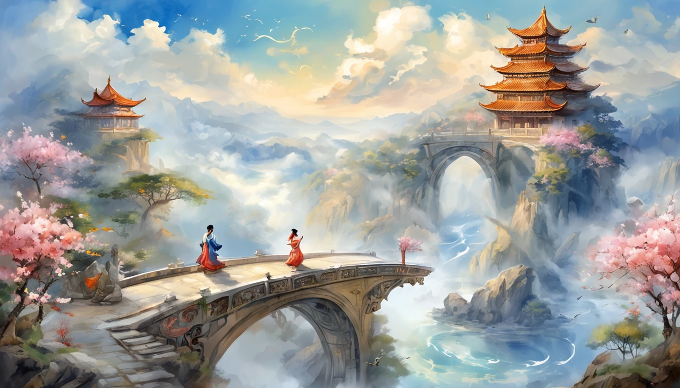 a ancient bridge in the blue sky, a Chinese fairy girl flying over white cloud, flowers and flowing water, divine realm of the gods, Heaven in mist!!!!!!!!, divine illumination, super details, esoteric equation heaven, breathtaking, breathtaking art, Floating everything in the sky, futuristic utopian metropolis, Chinese painting