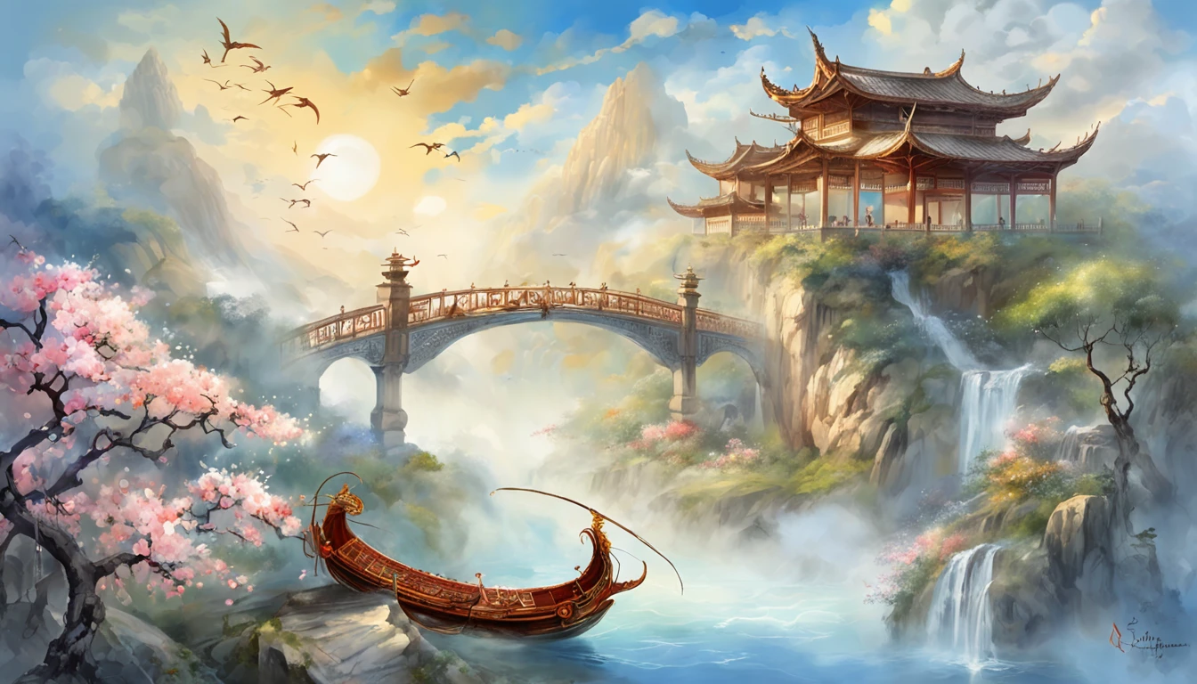 a ancient bridge in the blue sky, a Chinese fairy girl flying over white cloud, flowers and flowing water, divine realm of the gods, Heaven in mist!!!!!!!!, divine illumination, super details, esoteric equation heaven, breathtaking, breathtaking art, Floating everything in the sky, futuristic utopian metropolis, Chinese painting