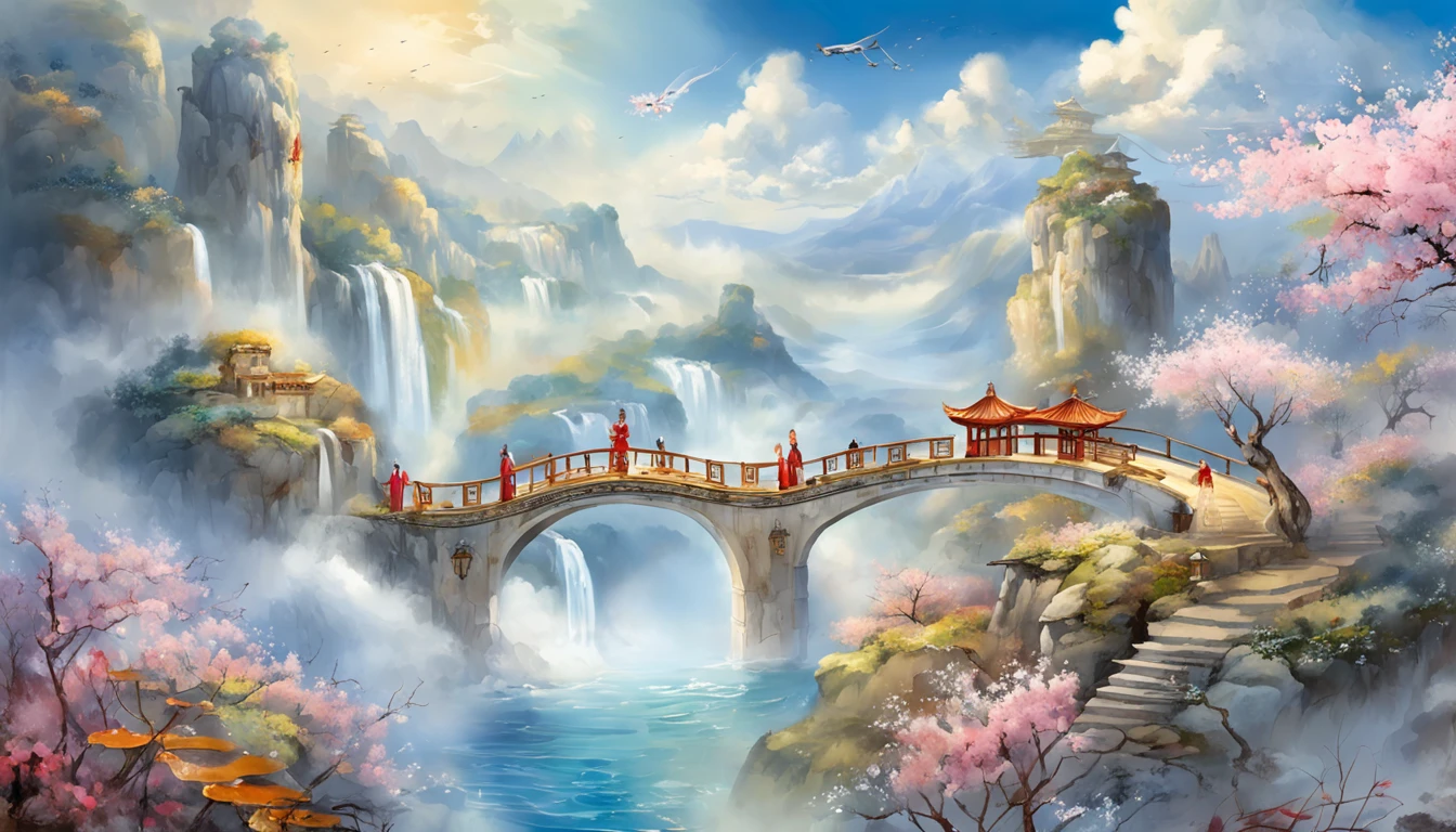 a ancient bridge in the blue sky, a Chinese fairy girl flying over white cloud, flowers and flowing water, divine realm of the gods, Heaven in mist!!!!!!!!, divine illumination, super details, esoteric equation heaven, breathtaking, breathtaking art, Floating everything in the sky, futuristic utopian metropolis, Chinese painting